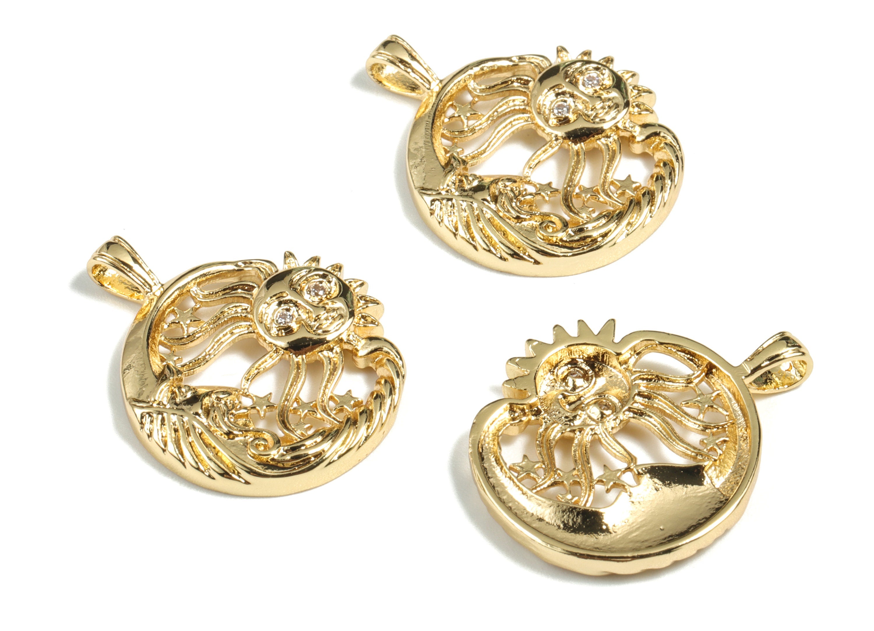 Brass Moon Earring Charms - Gold Crescent Sun Pendant - 18K Real Gold Plated Brass - Jewelry Supplies - 24.91x20.35x2.9mm - RGP2682 - DOMEDBAZAAR