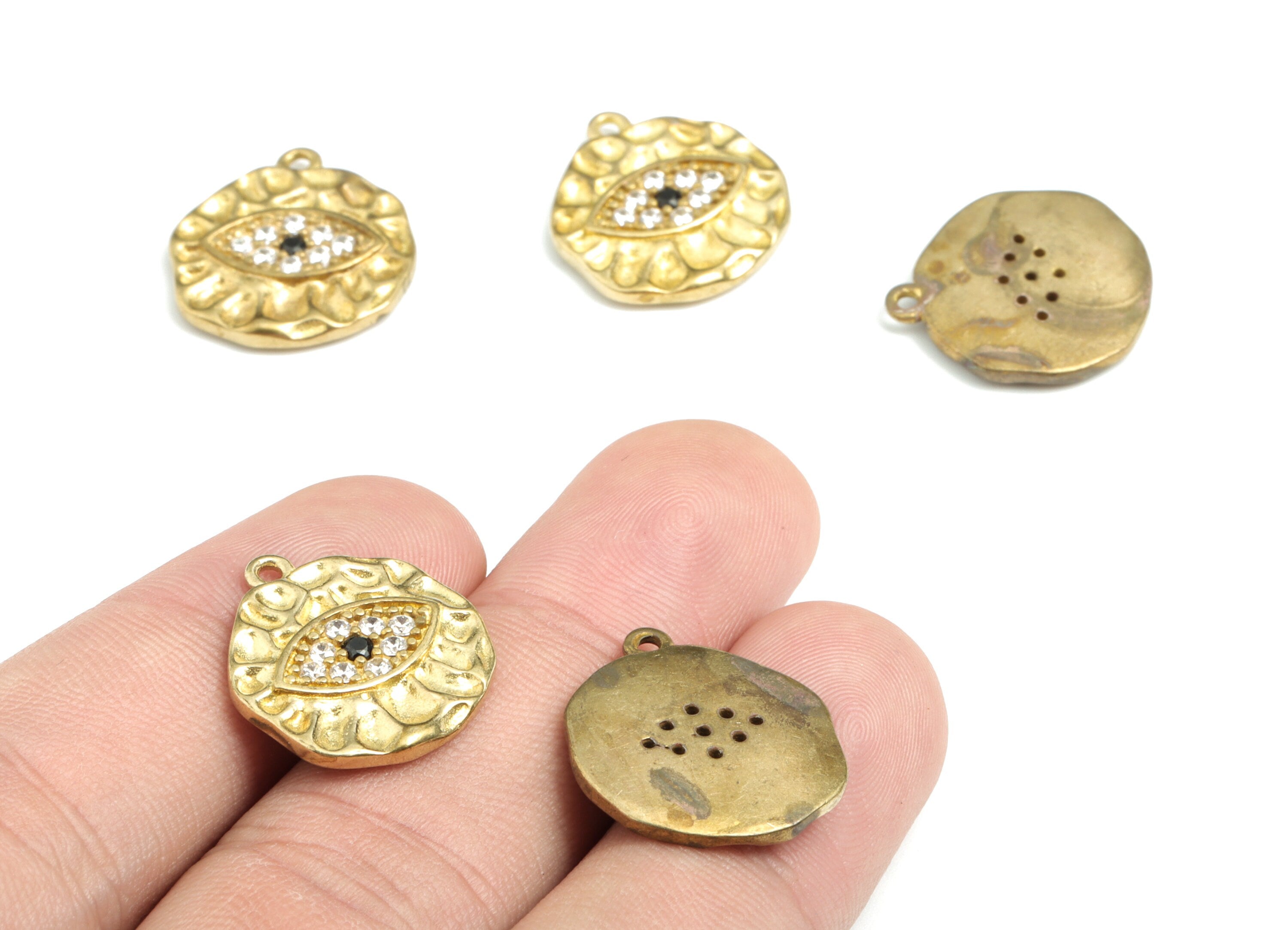 Brass Textured Round Earing Charms - Raw Brass Eye Pendant - Zircon Eye Charms - Jewelry Supplies - 19.3x17.64x2.55mm - PPMN216 - DOMEDBAZAAR