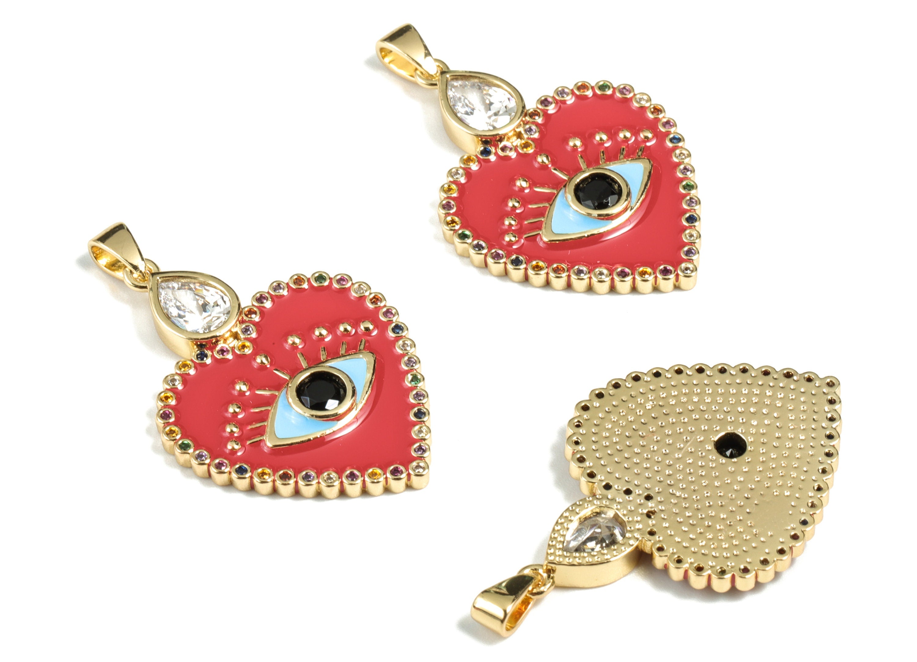 Brass Heart Eye Earring Charms - 18k Real Gold Plated Heart Eye Pendant - Enamel Zircon Charm - 35.39x21.63x3.36mm - RGP2664 - DOMEDBAZAAR