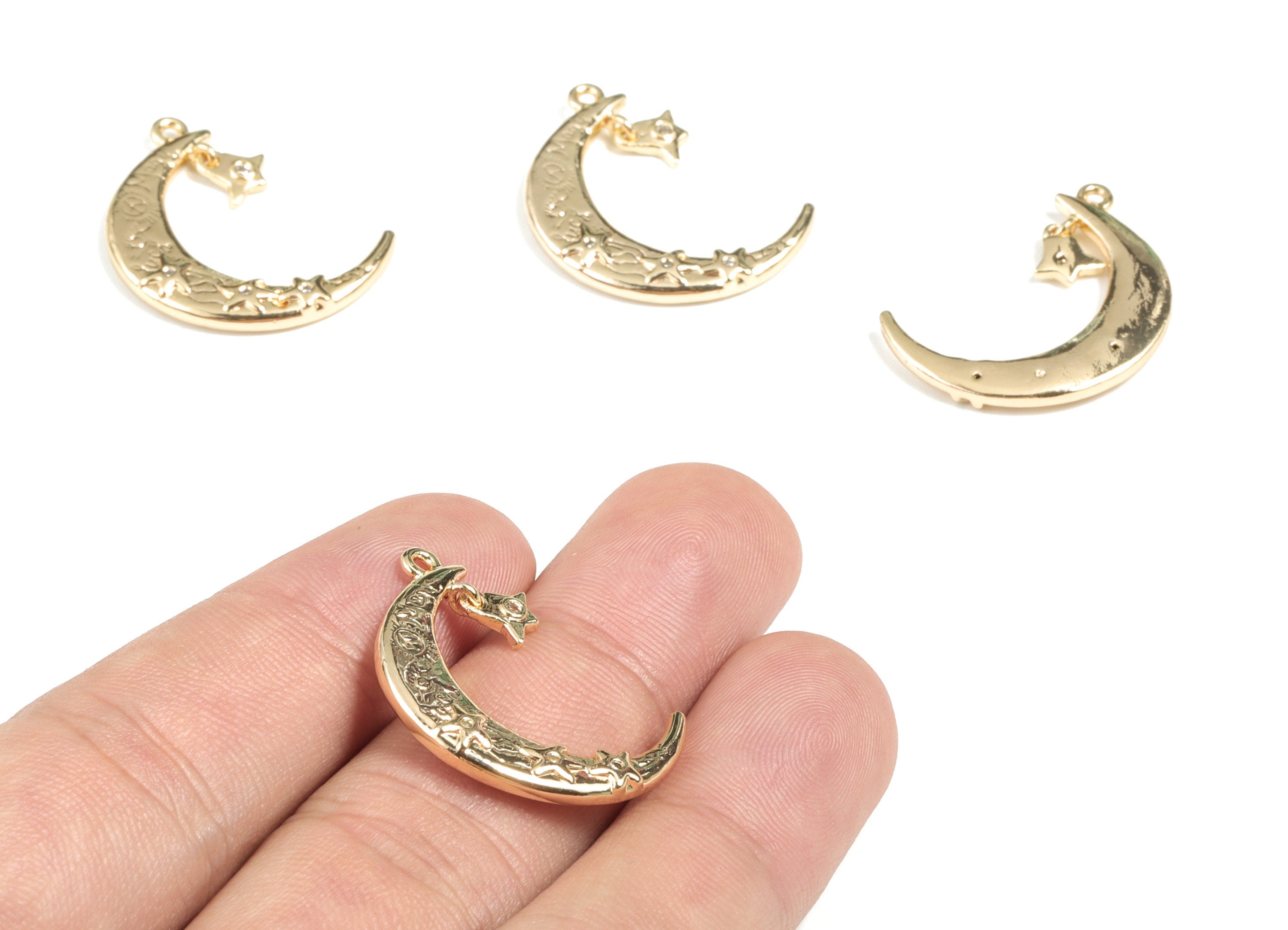 Brass Crescent Star Earring Charms - Gold Moon Pendant - 18K Real Gold Plated Brass - Jewelry Supplies - 27.33x18.77x3mm - RGP2691 - DOMEDBAZAAR