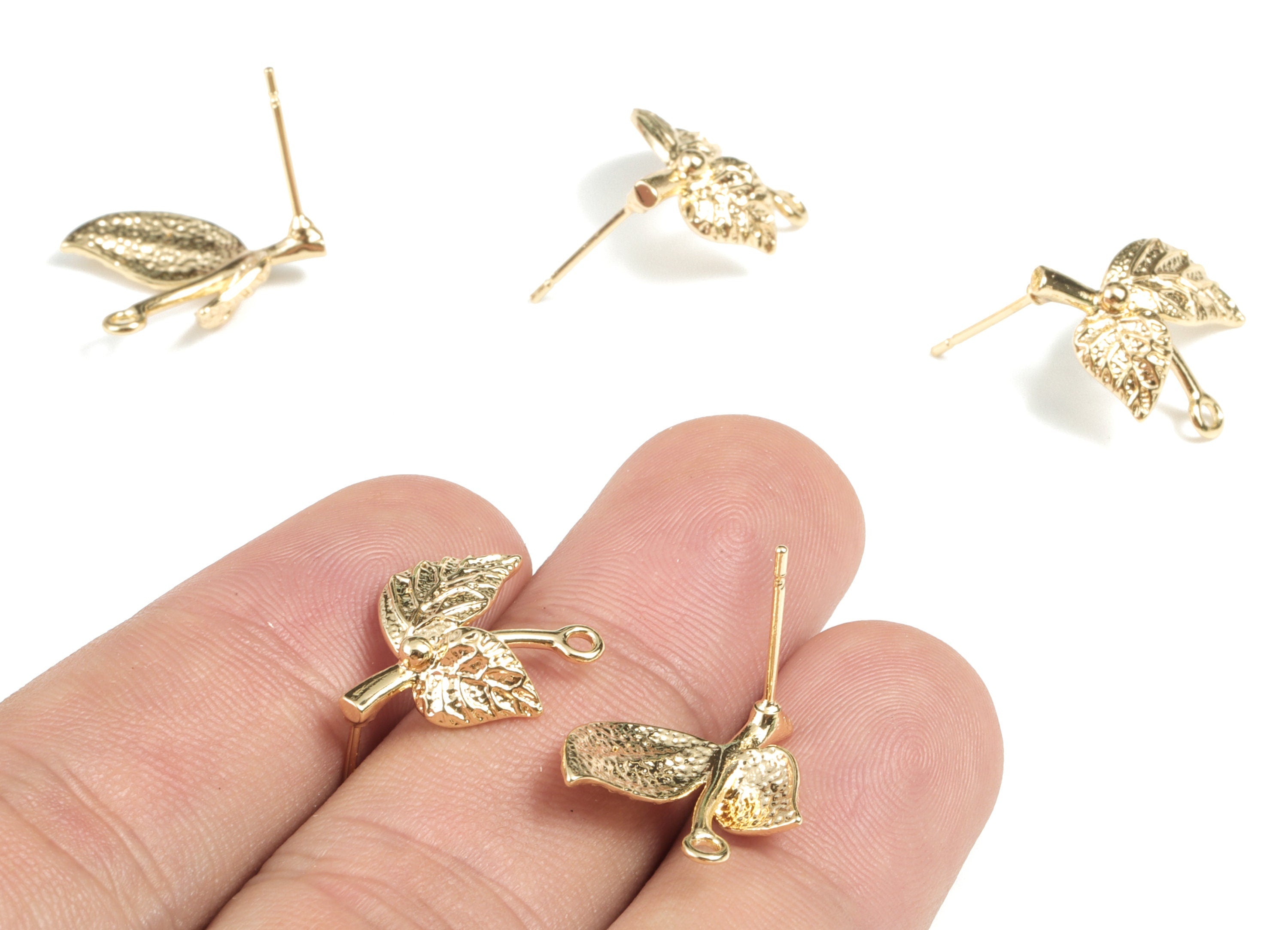 Brass Leaf Earring Stud - Gold Leaf Earring Stud - 18K Real Gold Plated Brass Chain - Jewelry Supplies - 10.42x8.82x8.82mm - RGP2708 - DOMEDBAZAAR