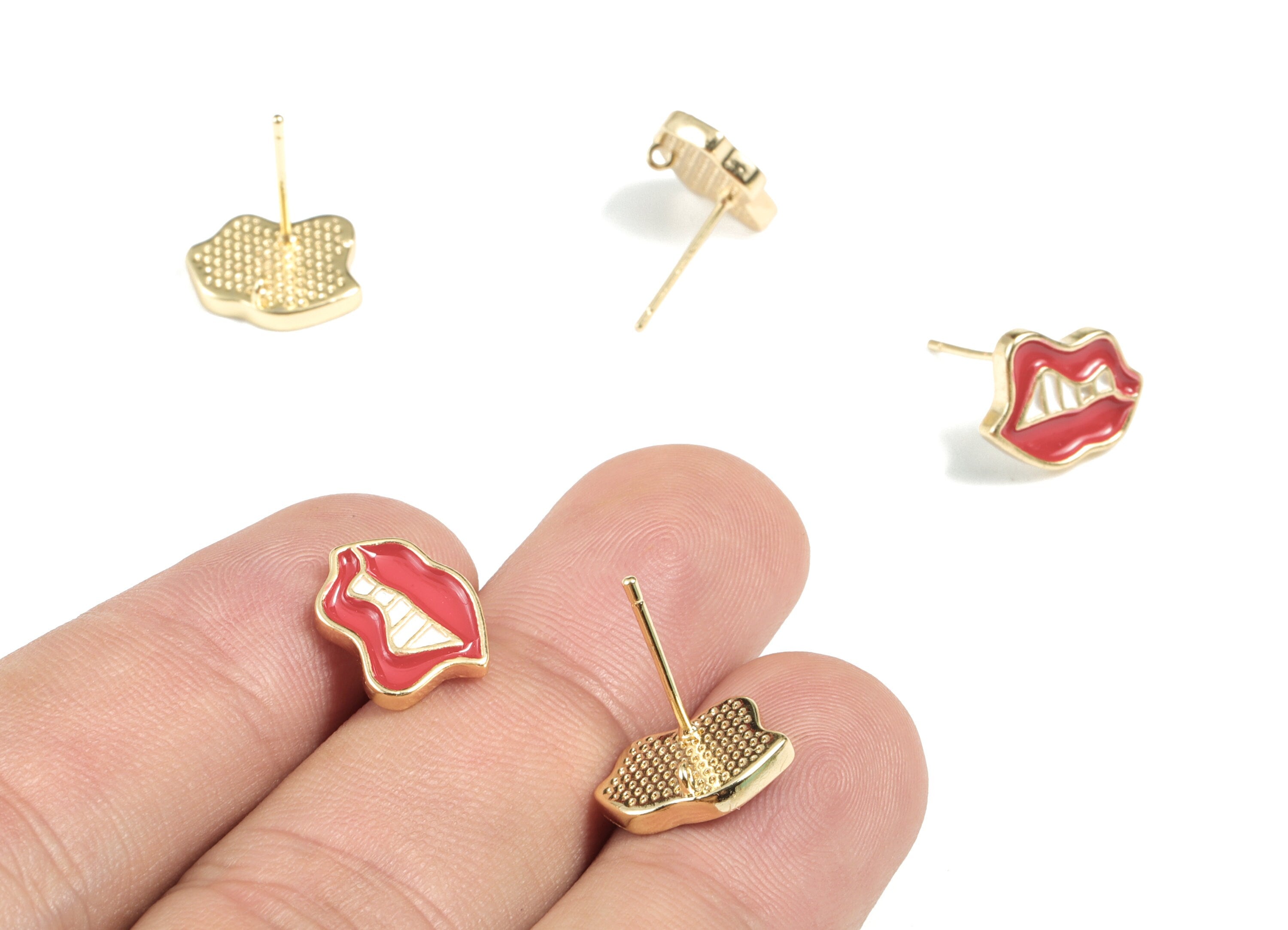 Brass Lip Earring Stud - 18K Real Gold Plated Brass Lip Earring Post - Enamel Red Lip Earring - Jewelry Supplies - 14.2x12x3.74mm - RGP2668 - DOMEDBAZAAR