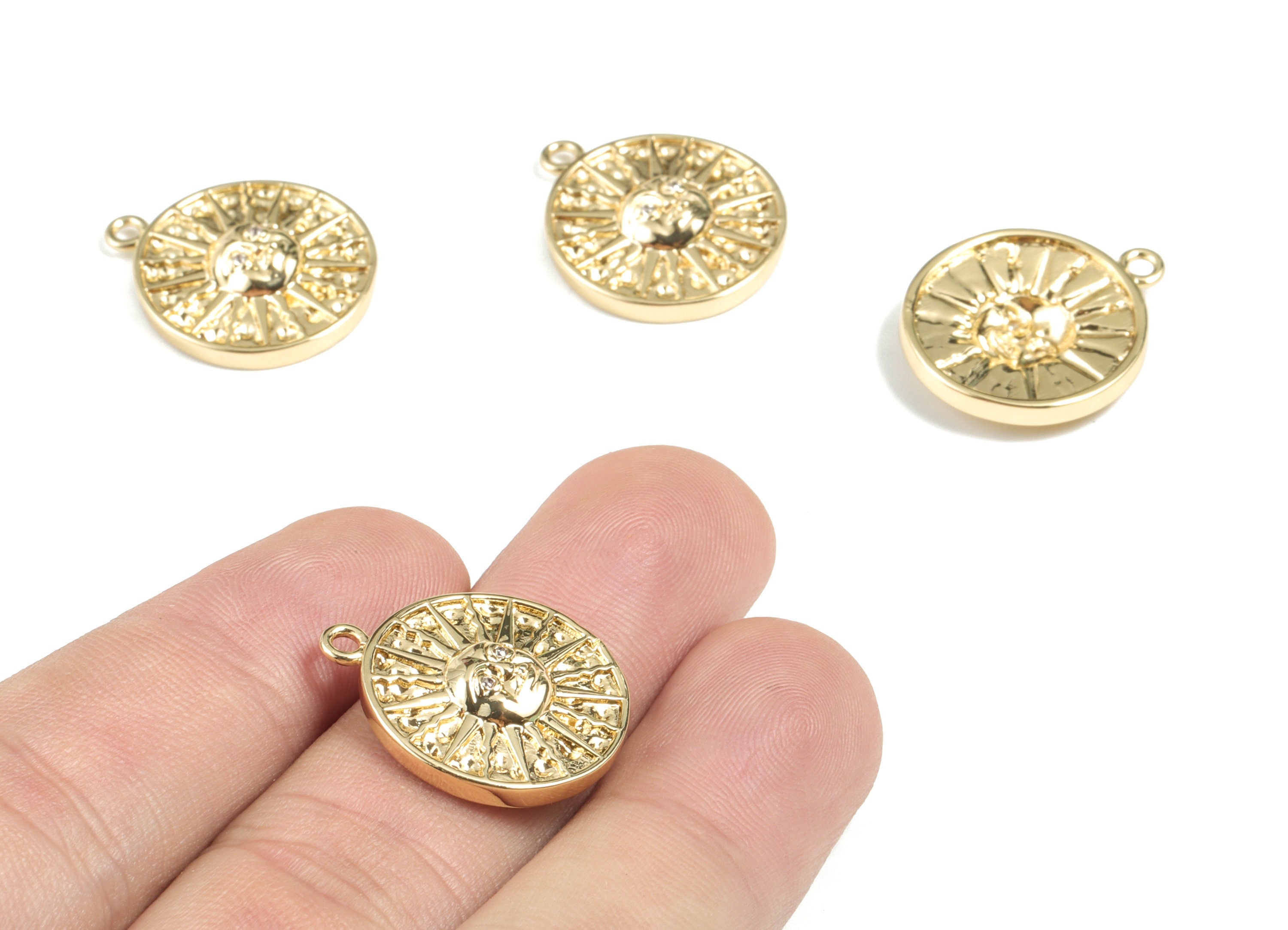 Brass Sun Round Earring Charms - Gold Sun Pendant - 18K Real Gold Plated Brass - Jewelry Supplies - 22.09x18.54x3.76mm - RGP2681 - DOMEDBAZAAR