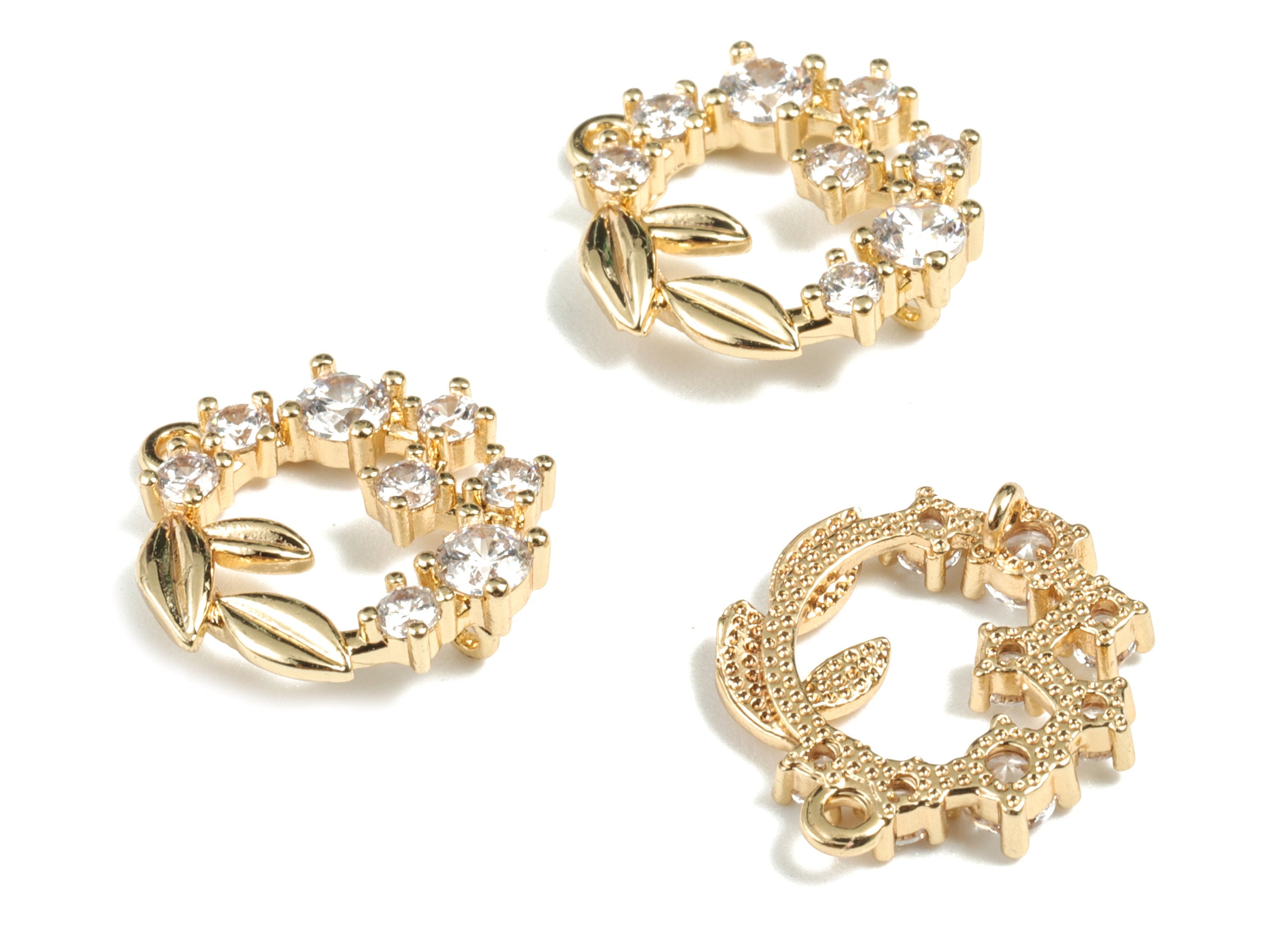 Brass Mini Branch Circle Earring Charms - 18K Real Gold Plated Brass Round Branch Charm With Zircons - 15.41x14.38x4.28mm - RGP2703 - DOMEDBAZAAR