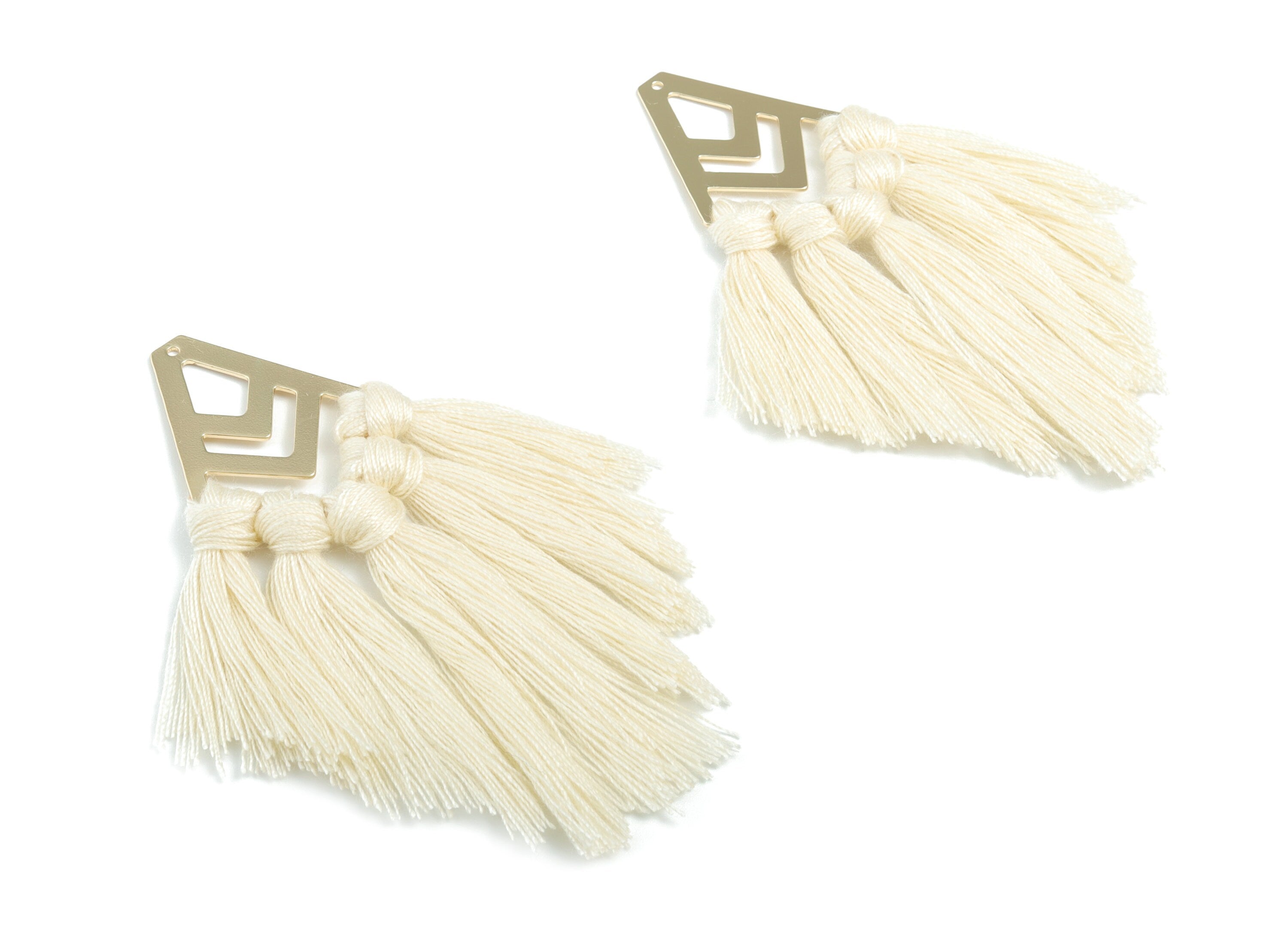 Tassel Earring Charms - Cotton Cream Tassels - Diamond Gold Brass Earrings - Fringe Tassel - JewelrySupplies - 91.67x28.81x4.13mm - TS1155 - DOMEDBAZAAR