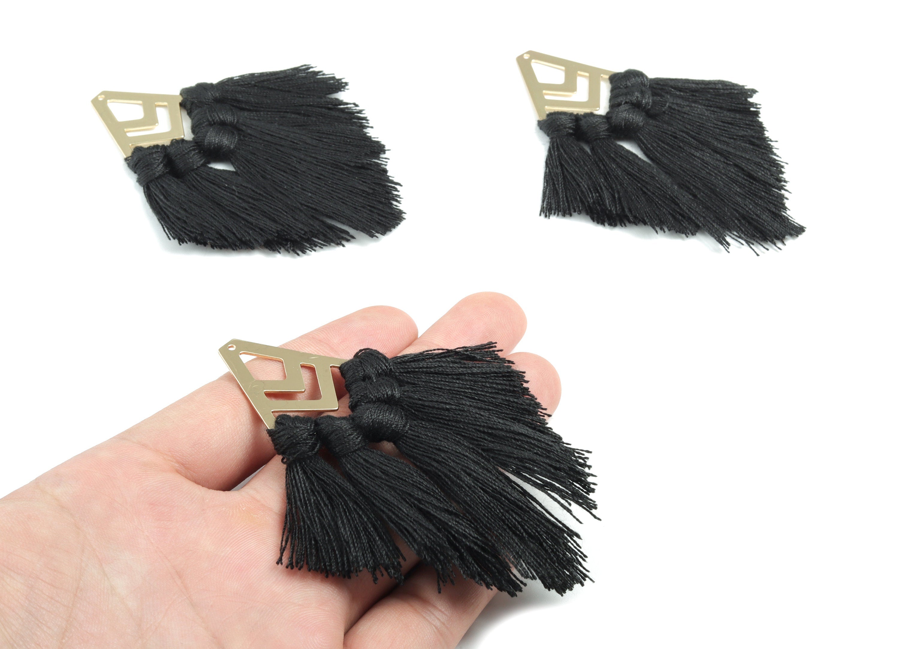 Tassel Earring Charms - Cotton Black Tassels - Diamond Gold Brass Earrings - Fringe Tassel - Jewellery Supplies - 90.24x28.65x5.7mm - TS1167 - DOMEDBAZAAR
