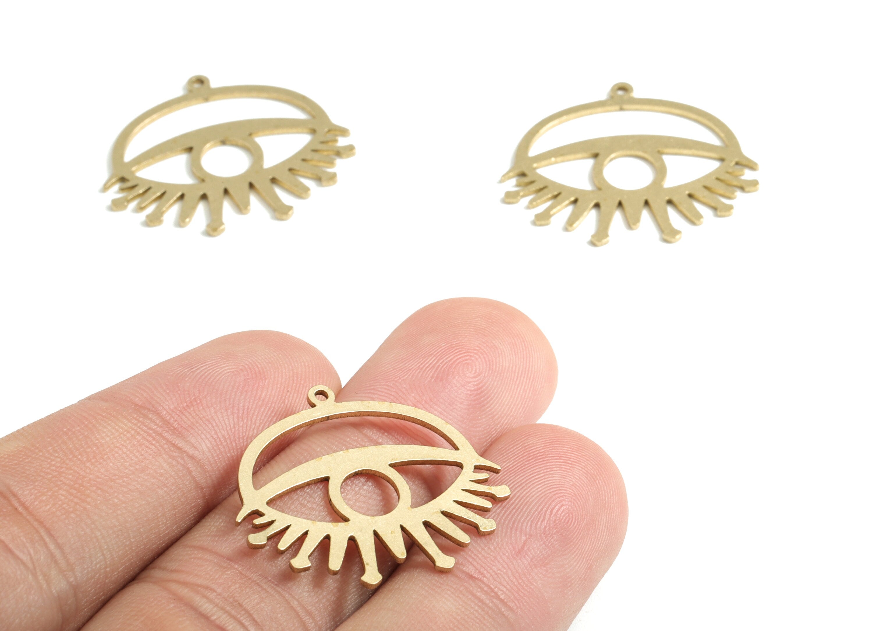 Brass Eye Earring Charms - Raw Brass Eye Lash Round Pendant - Earrings Finding - Jewelry Supplies - 27.05x23.34x0.83mm - PPM2539 - DOMEDBAZAAR