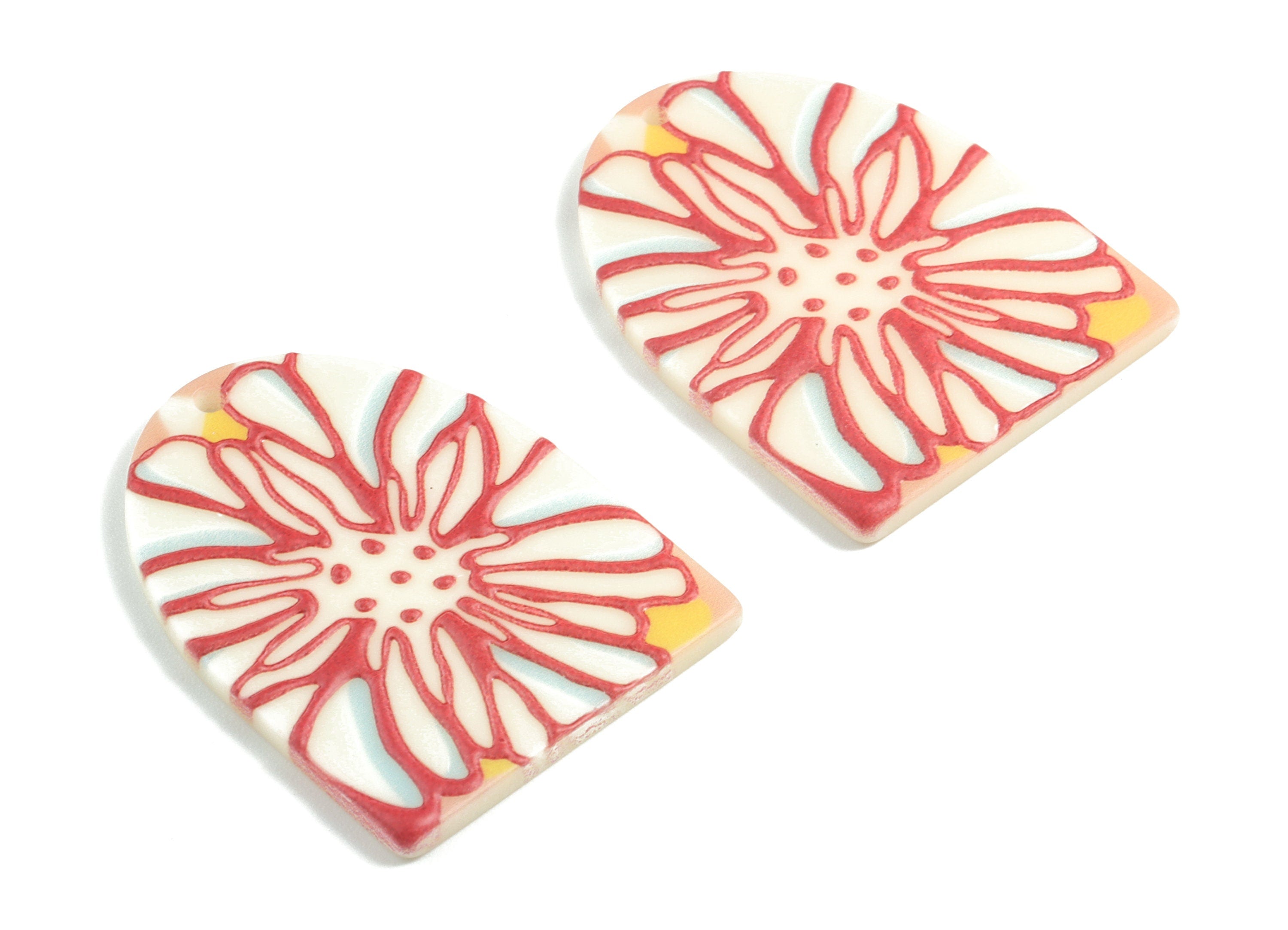 Acrylic Semi Ellipse Earring Charms - Acrylic Flower Pattern D Charm - Earring Findings - Jewelry Supplies - 36.2x27.58x2.23mm - AC1963A - DOMEDBAZAAR