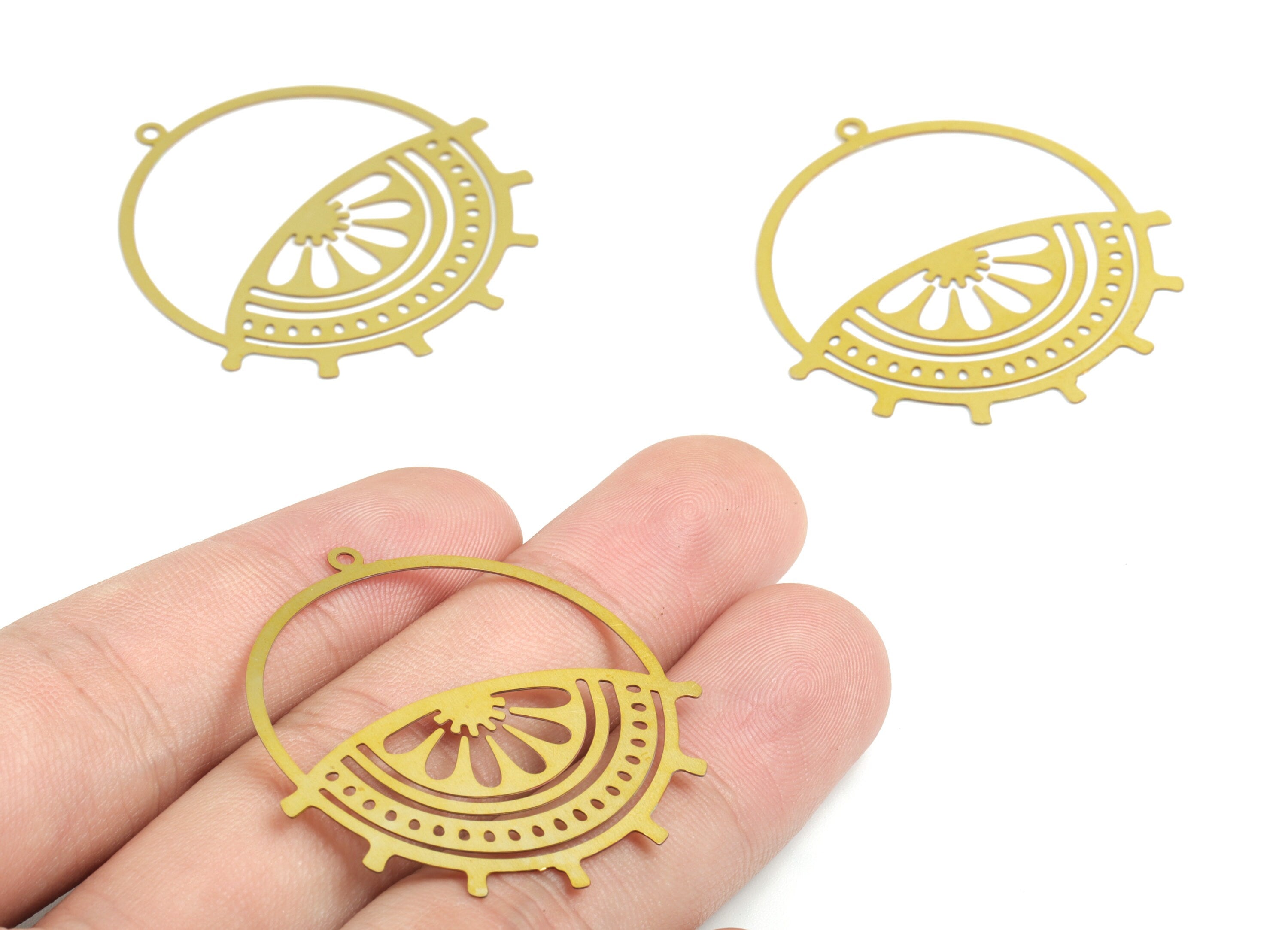 Brass Hoop Eye lash Earring Charms - Raw Brass Leaf Round Pendant - Earring Findings - Jewelry Supplies - 39.56x38.11x0.3mm - JJB6256 - DOMEDBAZAAR