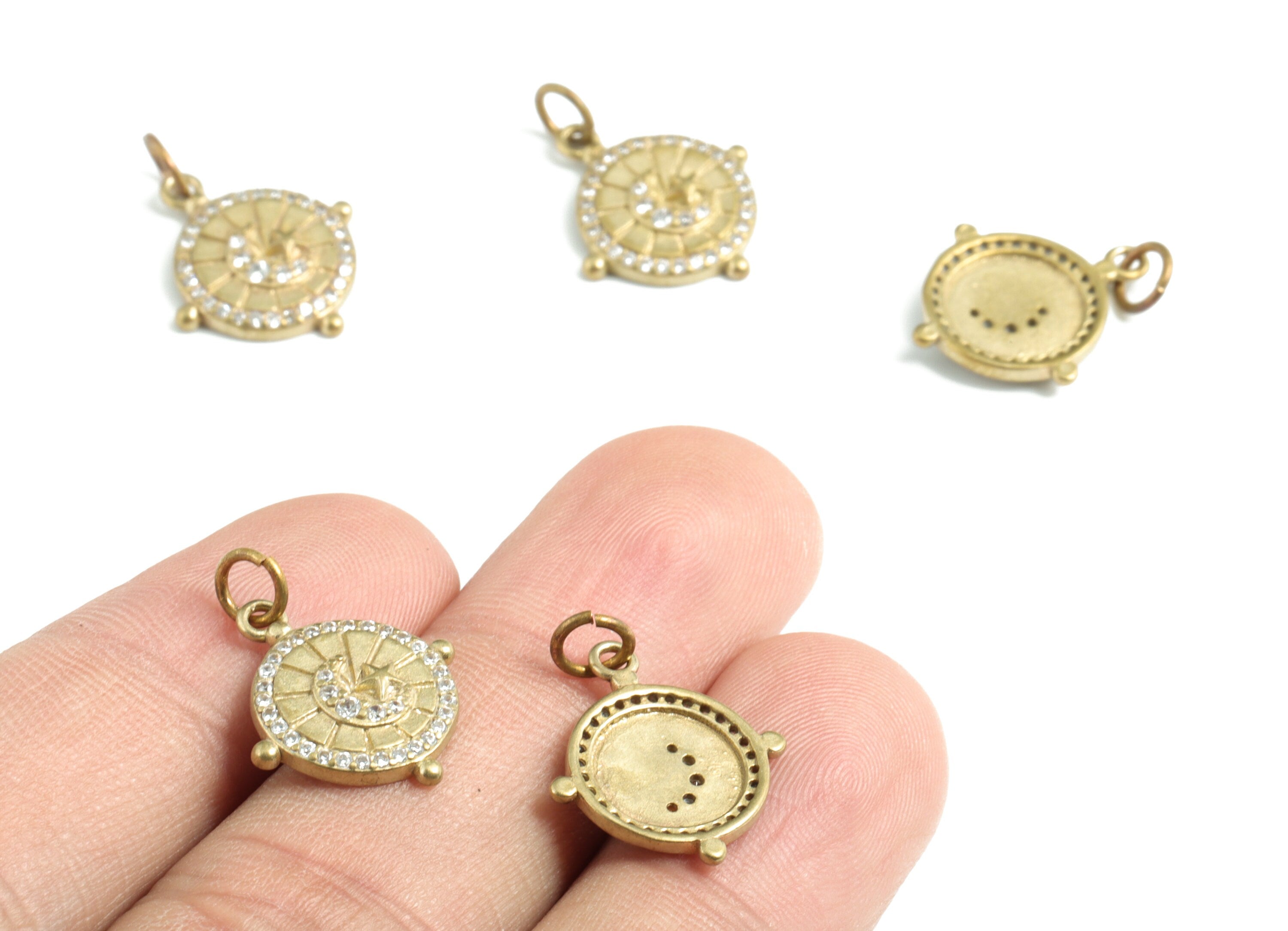Brass Mini Coin Earring Charms With Zircons - Raw Brass Circle Round Pendant - Jewelry Supplies - 20.29x14.96x2.54mm - PP3580 - DOMEDBAZAAR