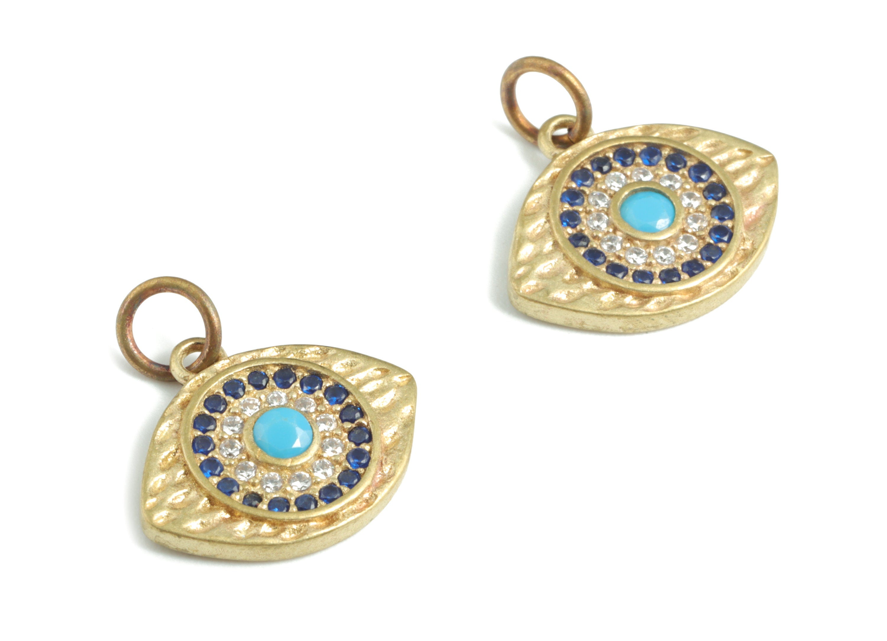 Brass Eye Earring Charms - Raw Brass Eye Blue Zircon Pendant - Earrings Finding - Jewelry Supplies - 16.14x15.37x2.21mm - PP3593 - DOMEDBAZAAR