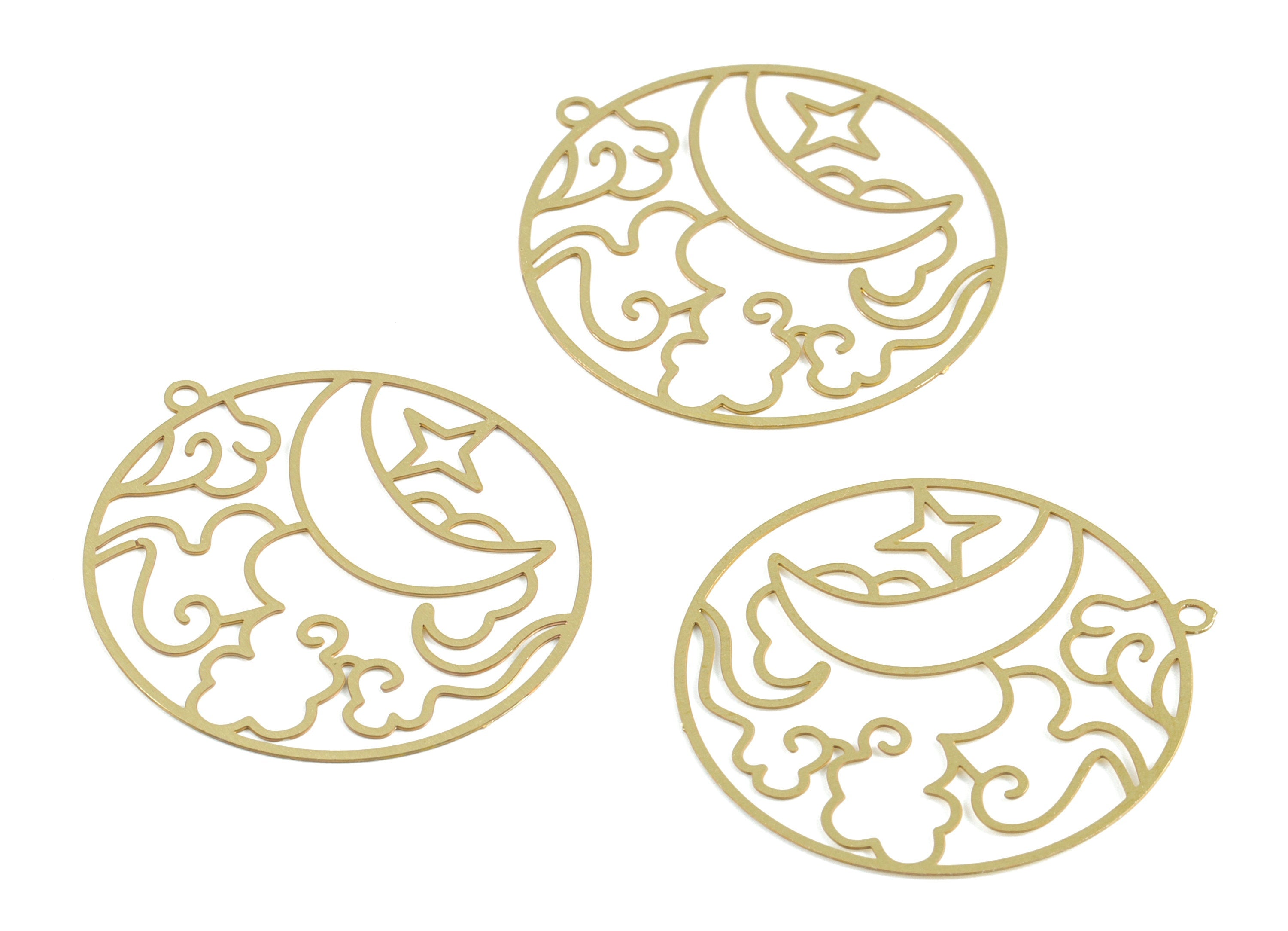 Brass Cloud Star Crescent Earring Charms - Raw Brass Moon Star Circle Pendant - Jewelry Supplies - 32.17x29.84x0.29mm - JJB6290 - DOMEDBAZAAR