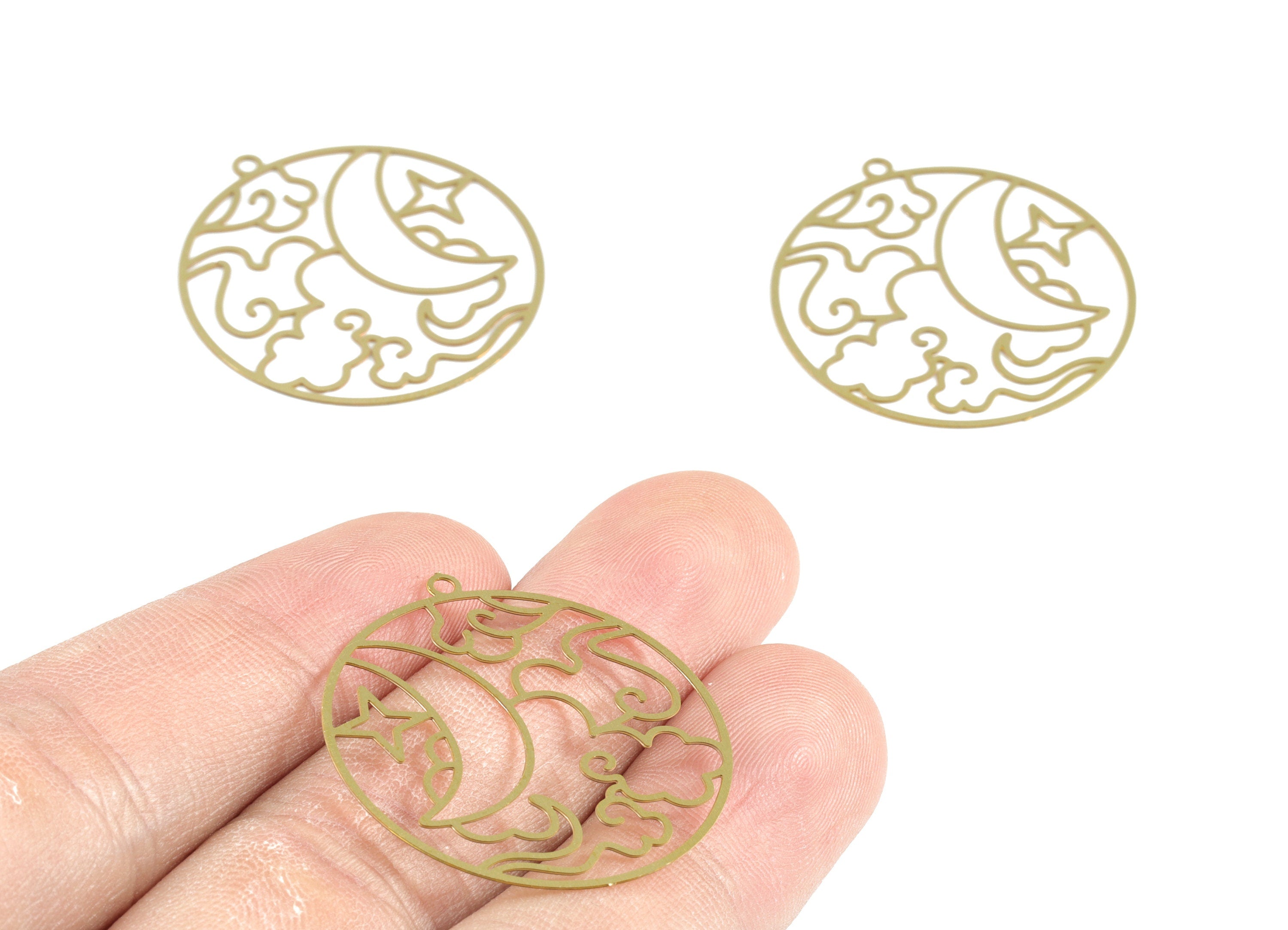Brass Cloud Star Crescent Earring Charms - Raw Brass Moon Star Circle Pendant - Jewelry Supplies - 32.17x29.84x0.29mm - JJB6290 - DOMEDBAZAAR