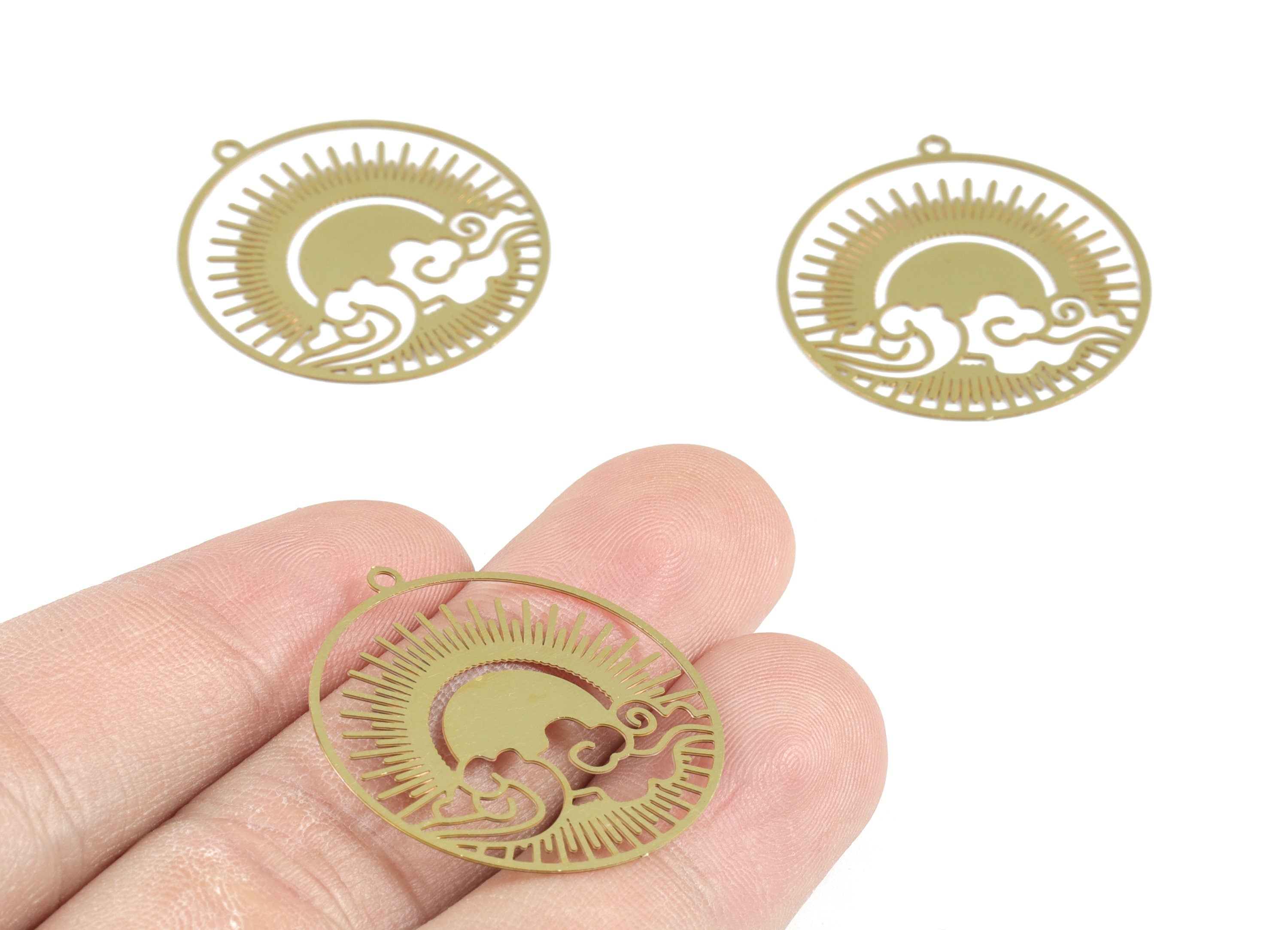 Brass Round Cloud Sun Earring Charm - Raw Brass Circle Sun Clouds Pendant - Earring Findings - Jewelry Supplies - 30x27.94x0.31mm - JJB6293 - DOMEDBAZAAR