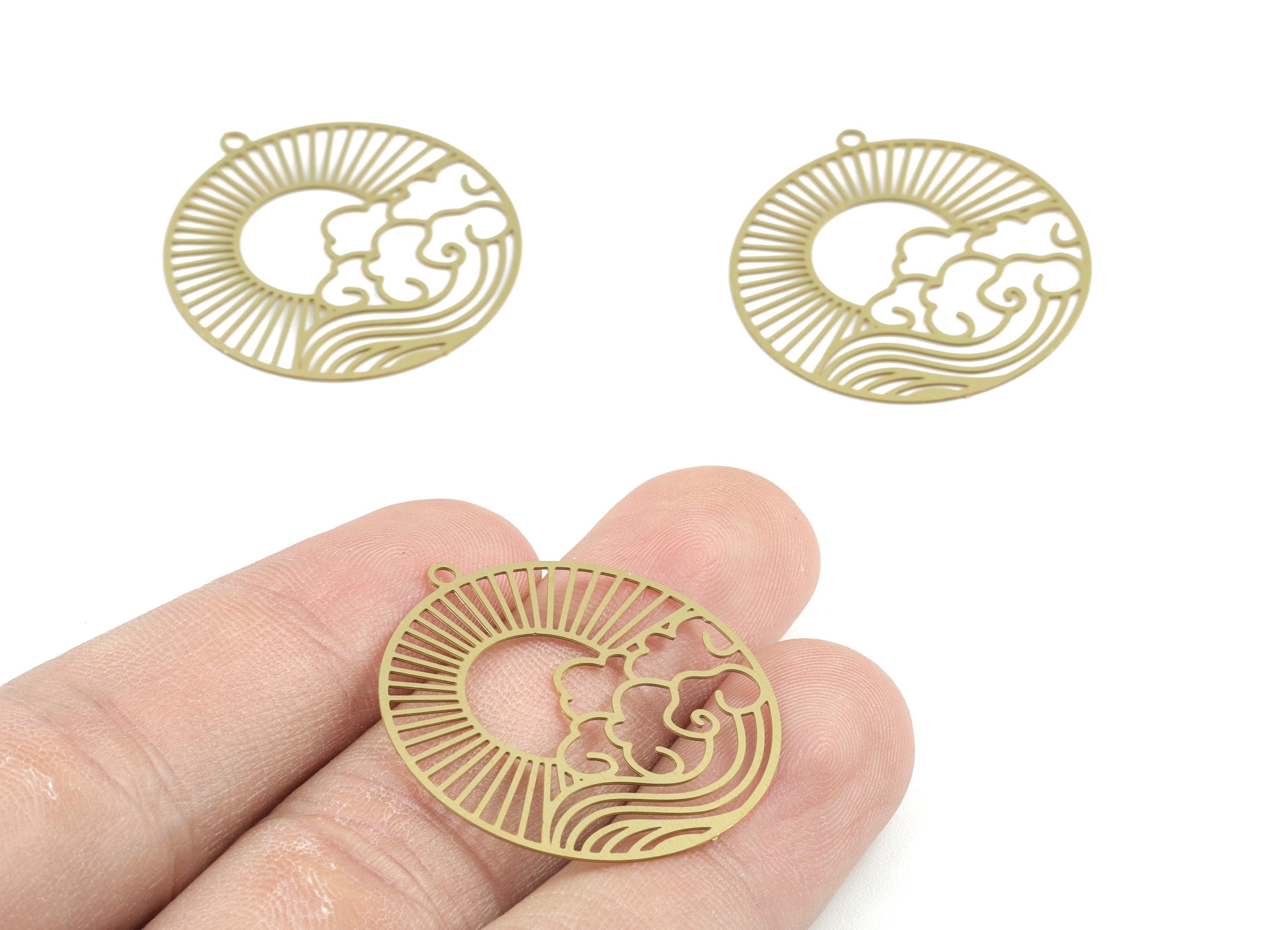Brass Cloud Sun Circle Earring Charms - Raw Brass Sun Clouds Round Pendant - Earring Findings - Jewelry Supplies - 32x29.92x0.3mm - JJB6277 - DOMEDBAZAAR