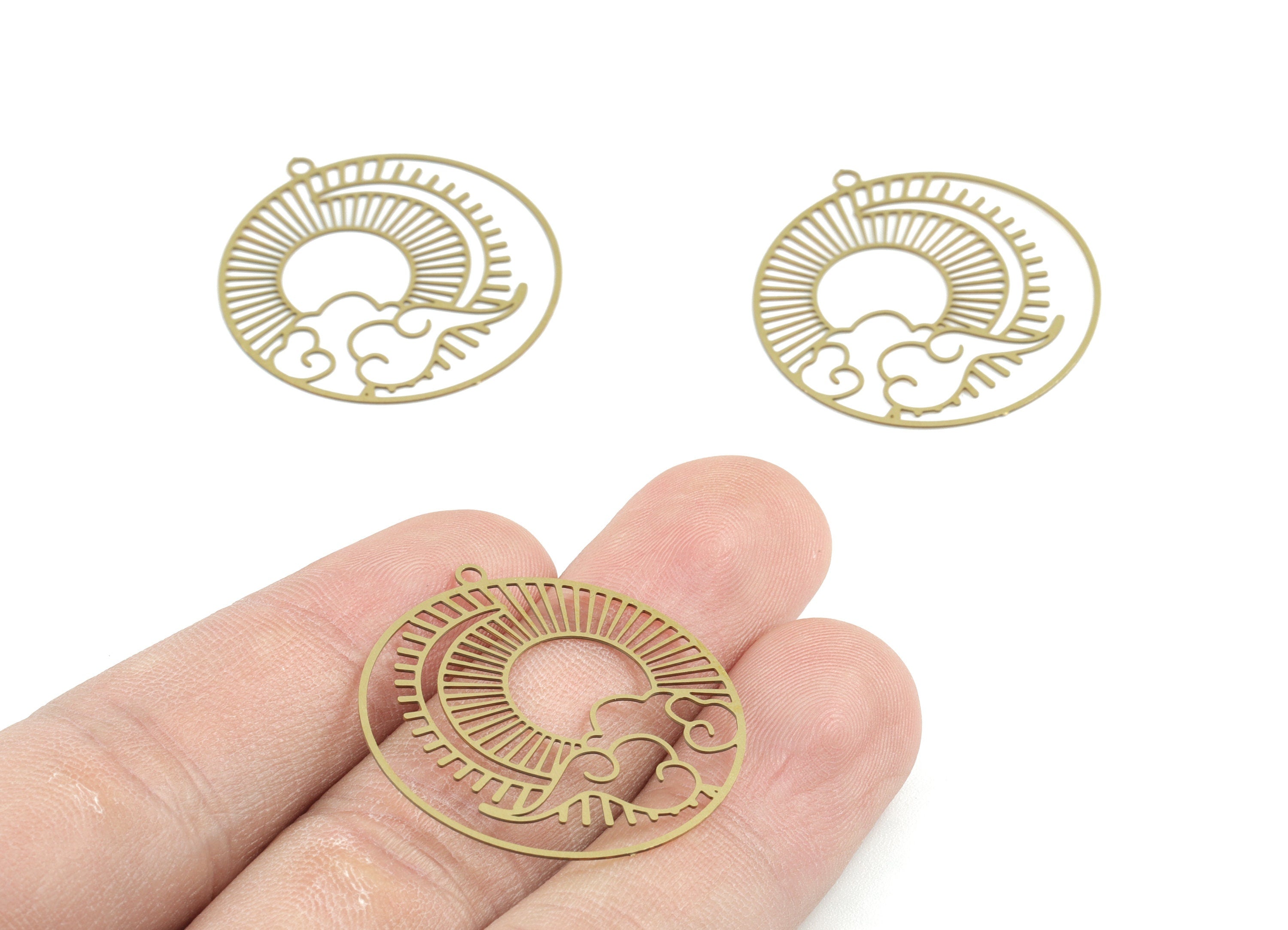 Brass Cloud Sun Moon Earring Charm - Raw Brass Sun Clouds Crescent Round Pendant - Jewelry Supplies - 32.09x29.65x0.3mm - JJB6286 - DOMEDBAZAAR