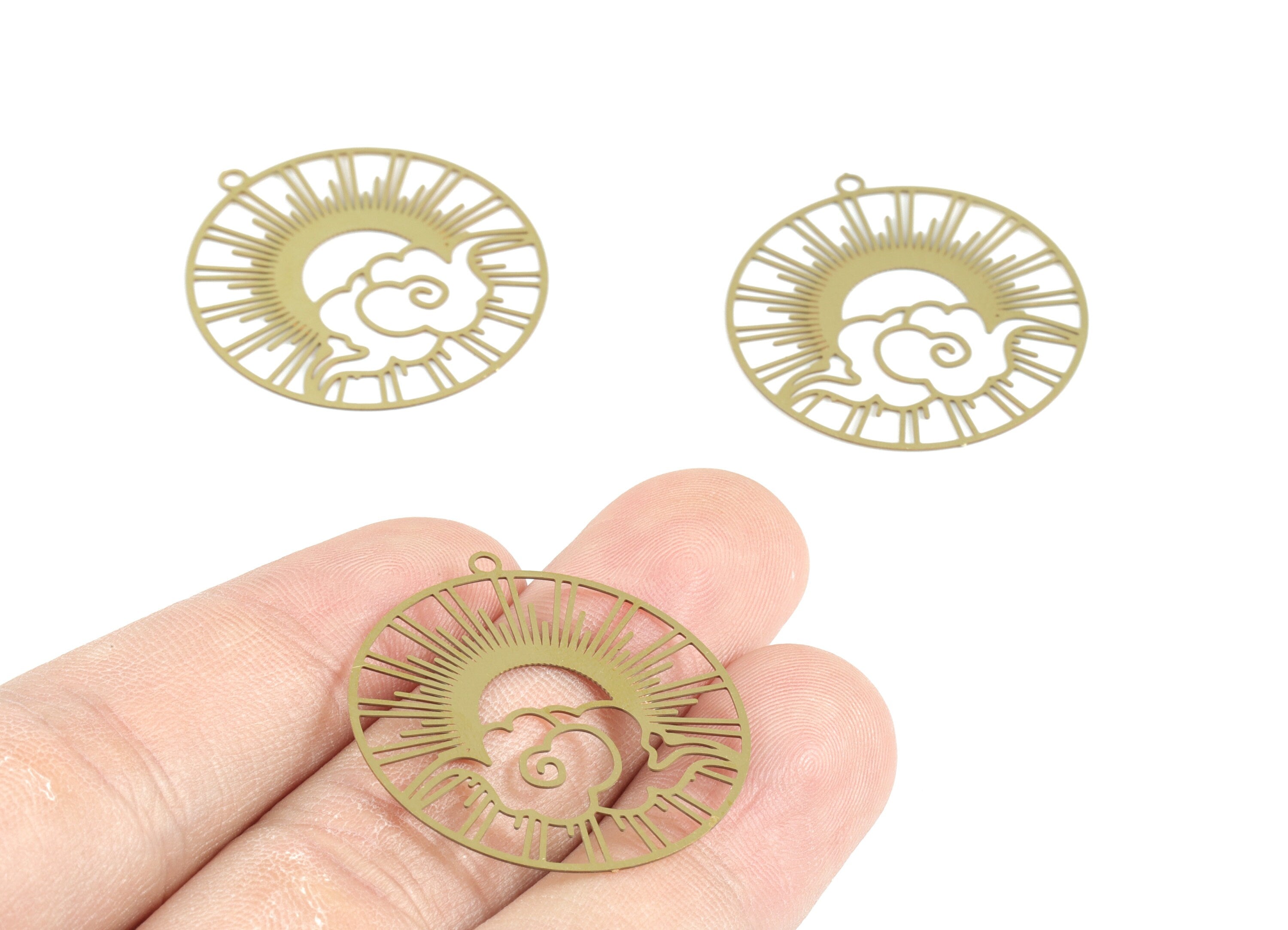 Brass Cloud Sun Circle Earring Charms - Raw Brass Sun Clouds Round Pendant - Earring Findings - Jewelry Supplies - 32.25x30x0.31mm - JJB6279 - DOMEDBAZAAR