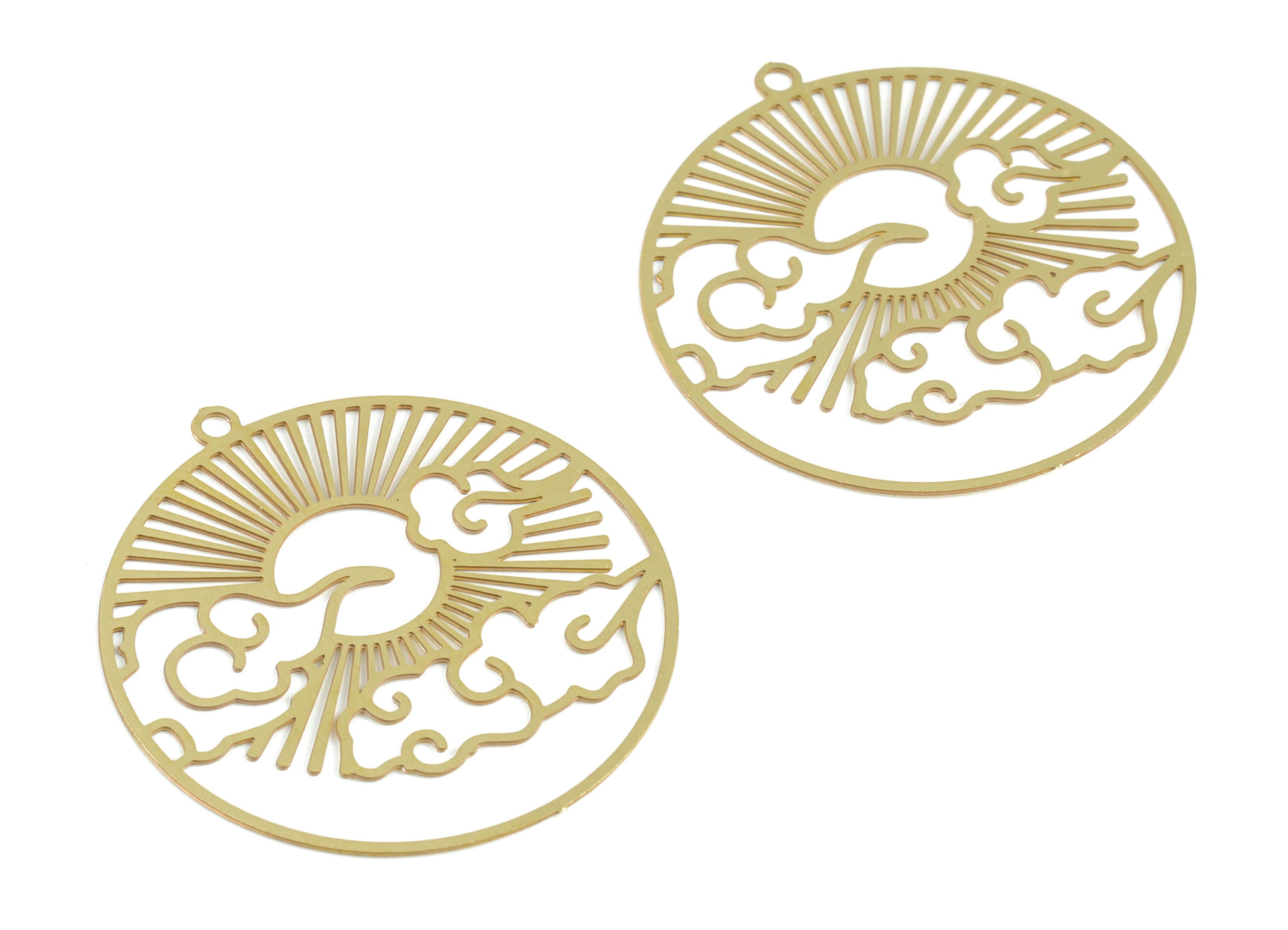Brass Cloud Sun Circle Earring Charms - Raw Brass Sun Clouds Round Pendant - Earring Findings - Jewelry Supplies - 32.3x29.9x0.3mm - JJB6278 - DOMEDBAZAAR