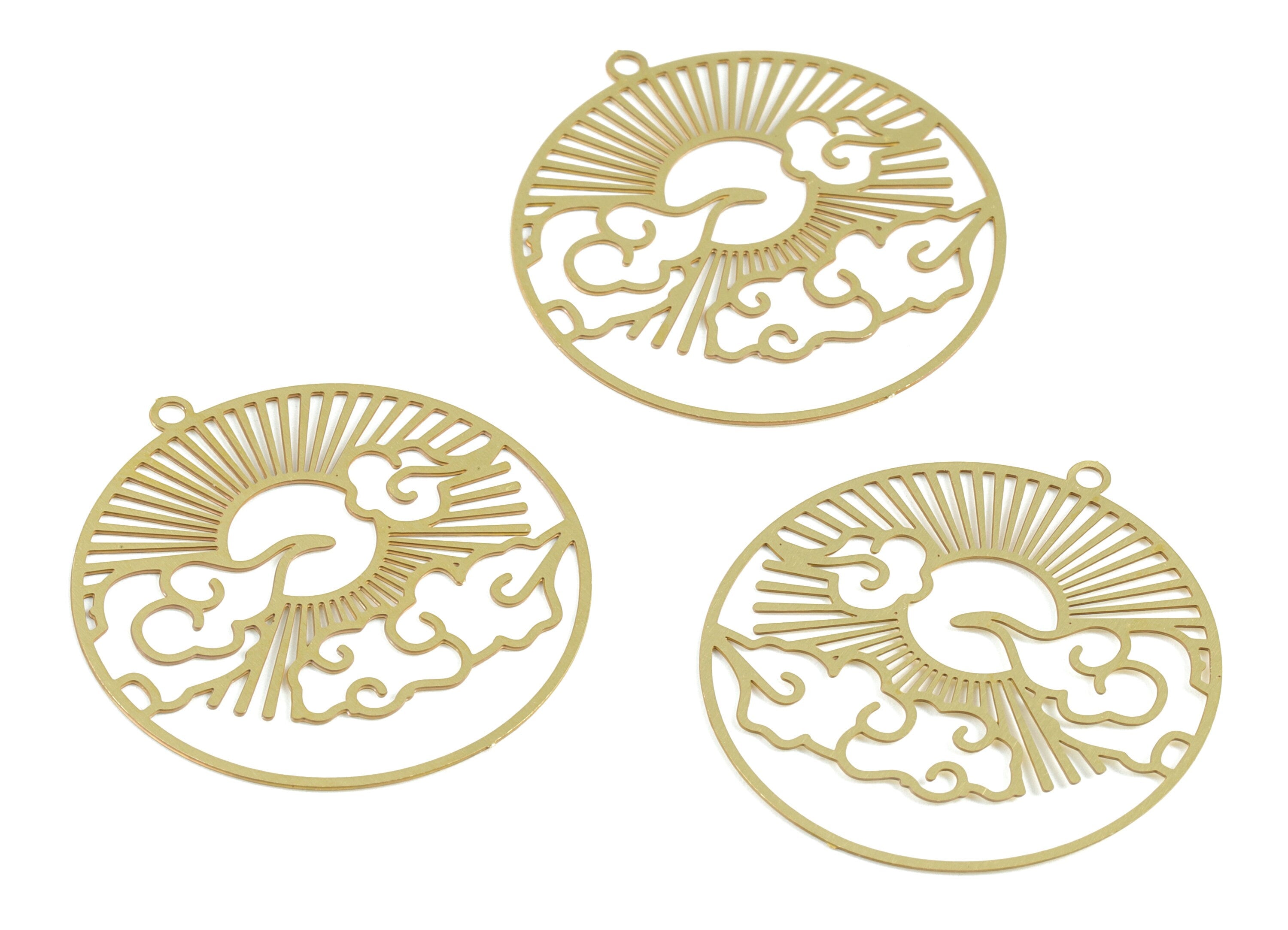 Brass Cloud Sun Circle Earring Charms - Raw Brass Sun Clouds Round Pendant - Earring Findings - Jewelry Supplies - 32.3x29.9x0.3mm - JJB6278 - DOMEDBAZAAR