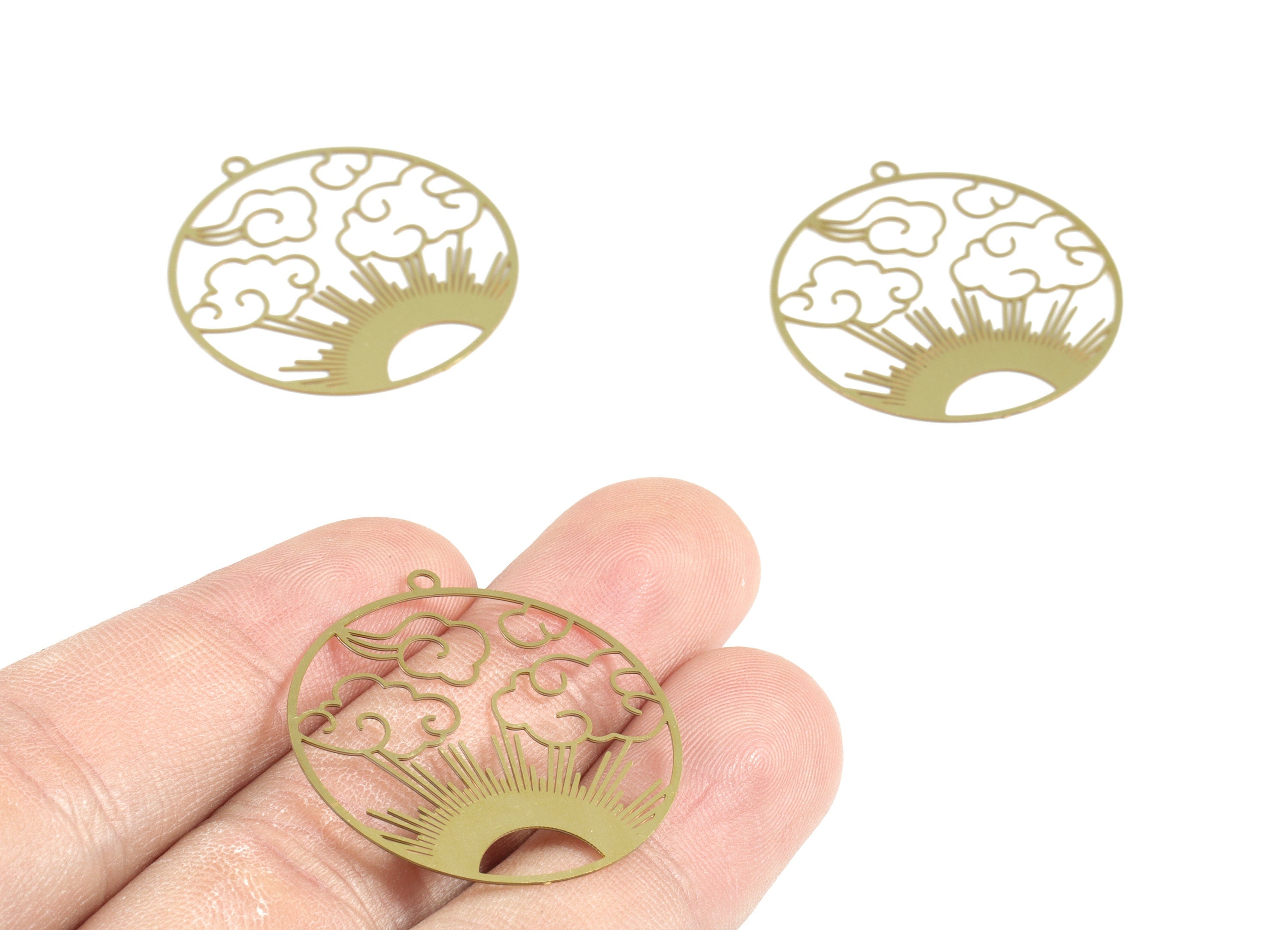 Brass Cloud Sun Circle Earring Charms - Raw Brass Sun Clouds Round Pendant - Earring Findings - Jewelry Supplies - 32.26x20x0.3mm - JJB6276 - DOMEDBAZAAR
