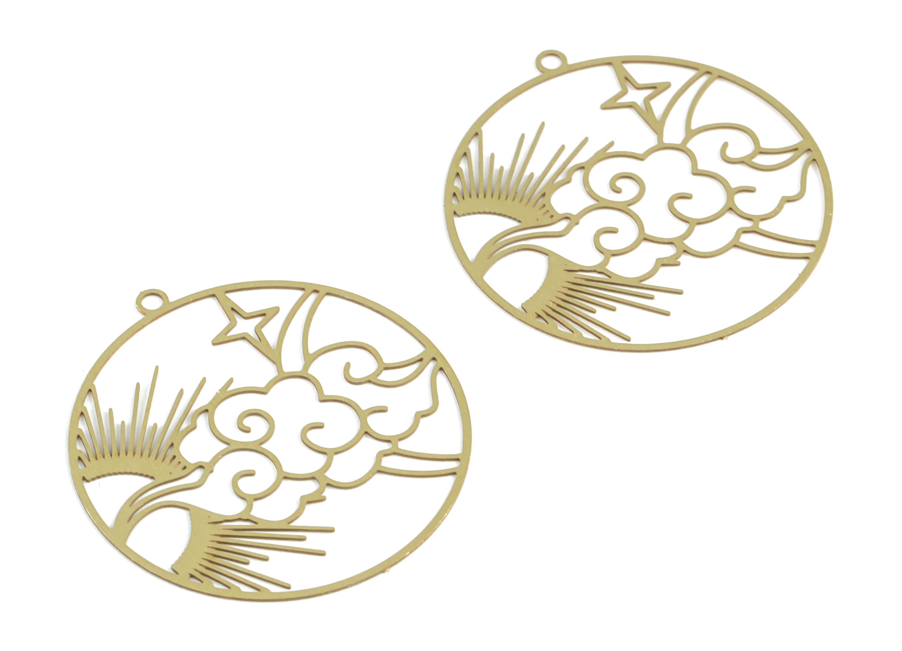 Brass Star Cloud Sun Earring Charms - Raw Brass Sun Star Clouds Round Pendant - Jewelry Supplies - 32.24x29.84x0.29mm - JJB6283 - DOMEDBAZAAR