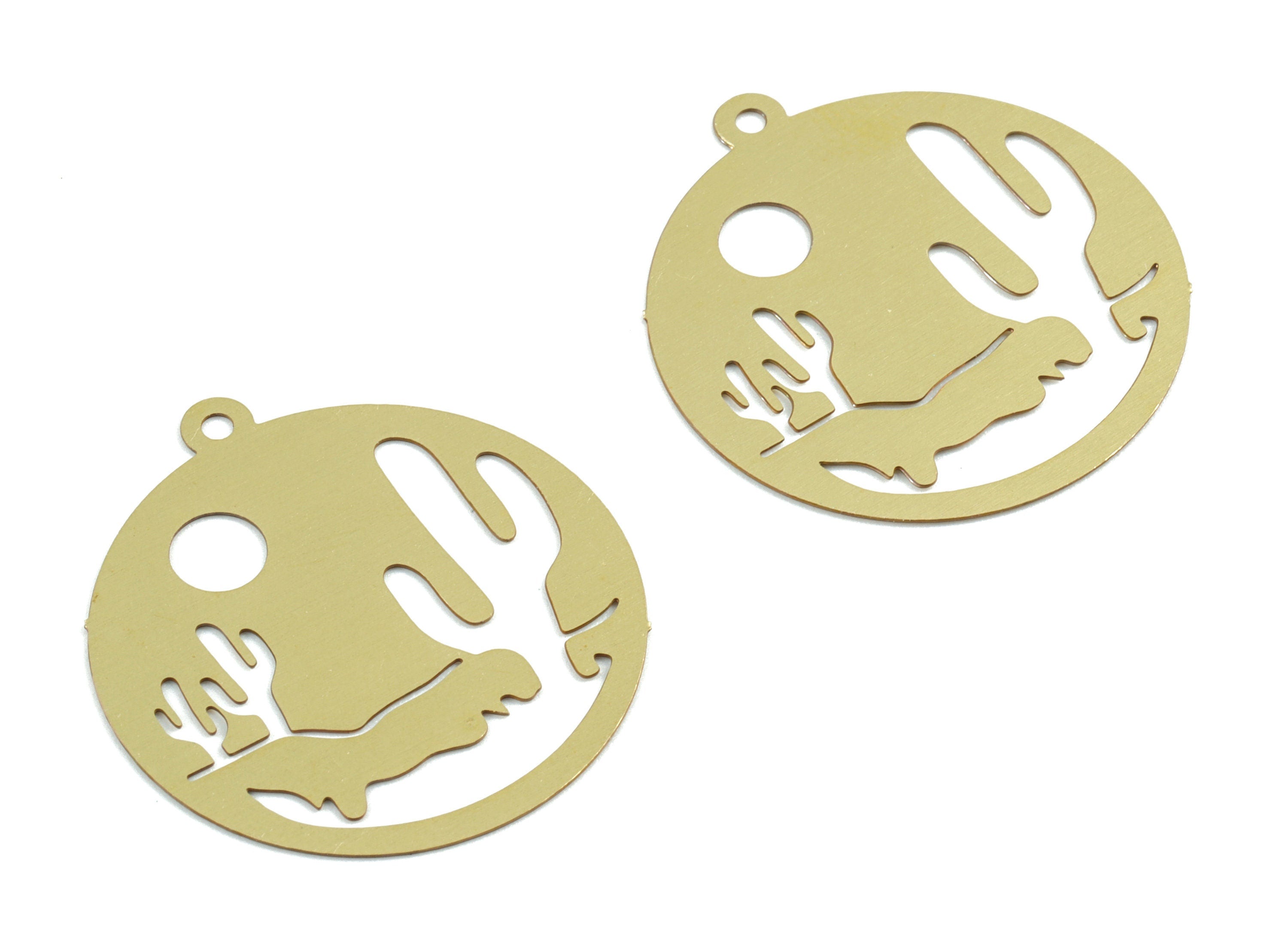 Brass Cactus Circle Earring Charms - Raw Brass Cactus Round Pendant - Earring Findings - Jewelry Supplies - 27.3x25x0.3mm - JJB6301 - DOMEDBAZAAR