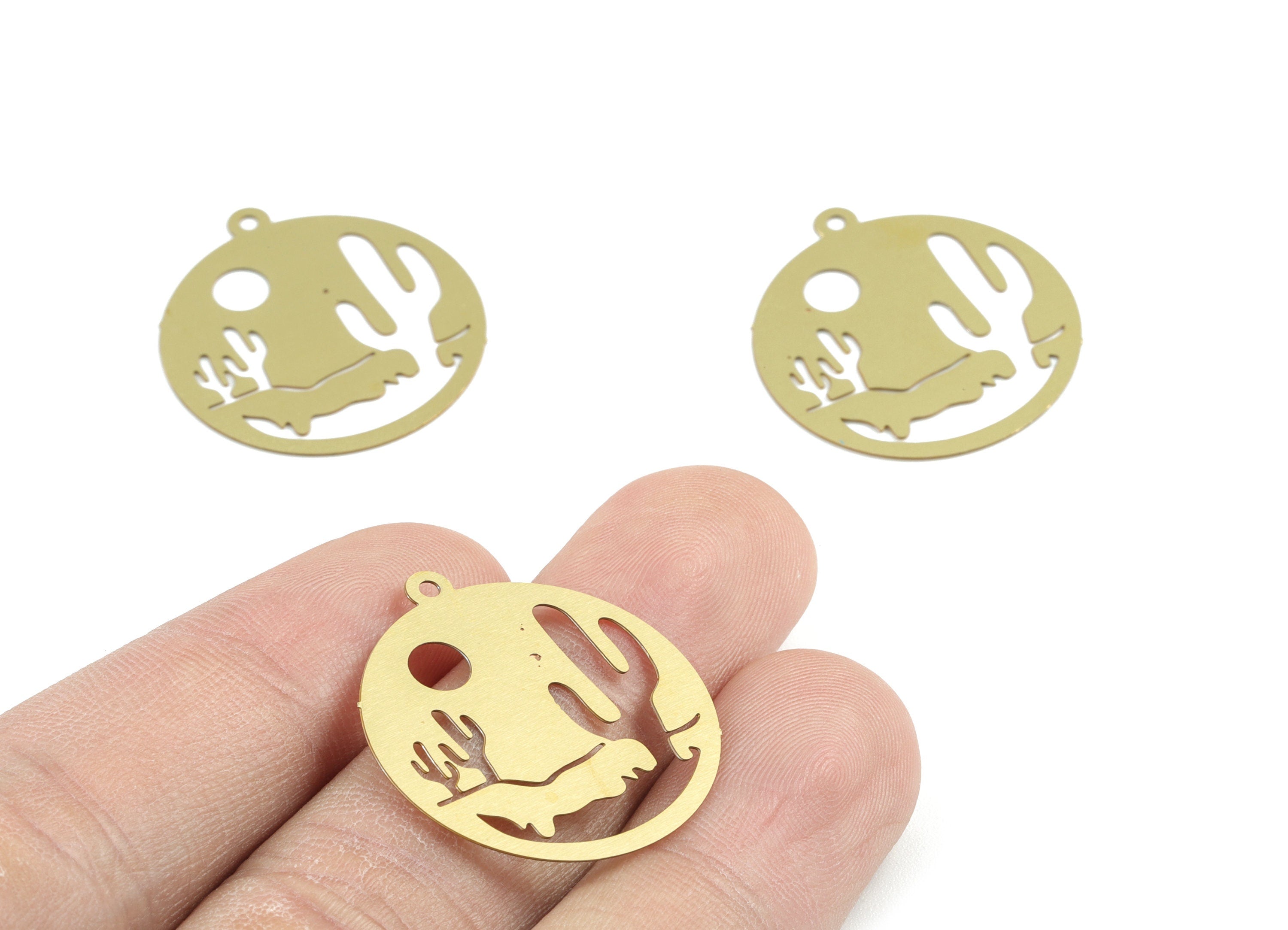 Brass Cactus Circle Earring Charms - Raw Brass Cactus Round Pendant - Earring Findings - Jewelry Supplies - 27.3x25x0.3mm - JJB6301 - DOMEDBAZAAR
