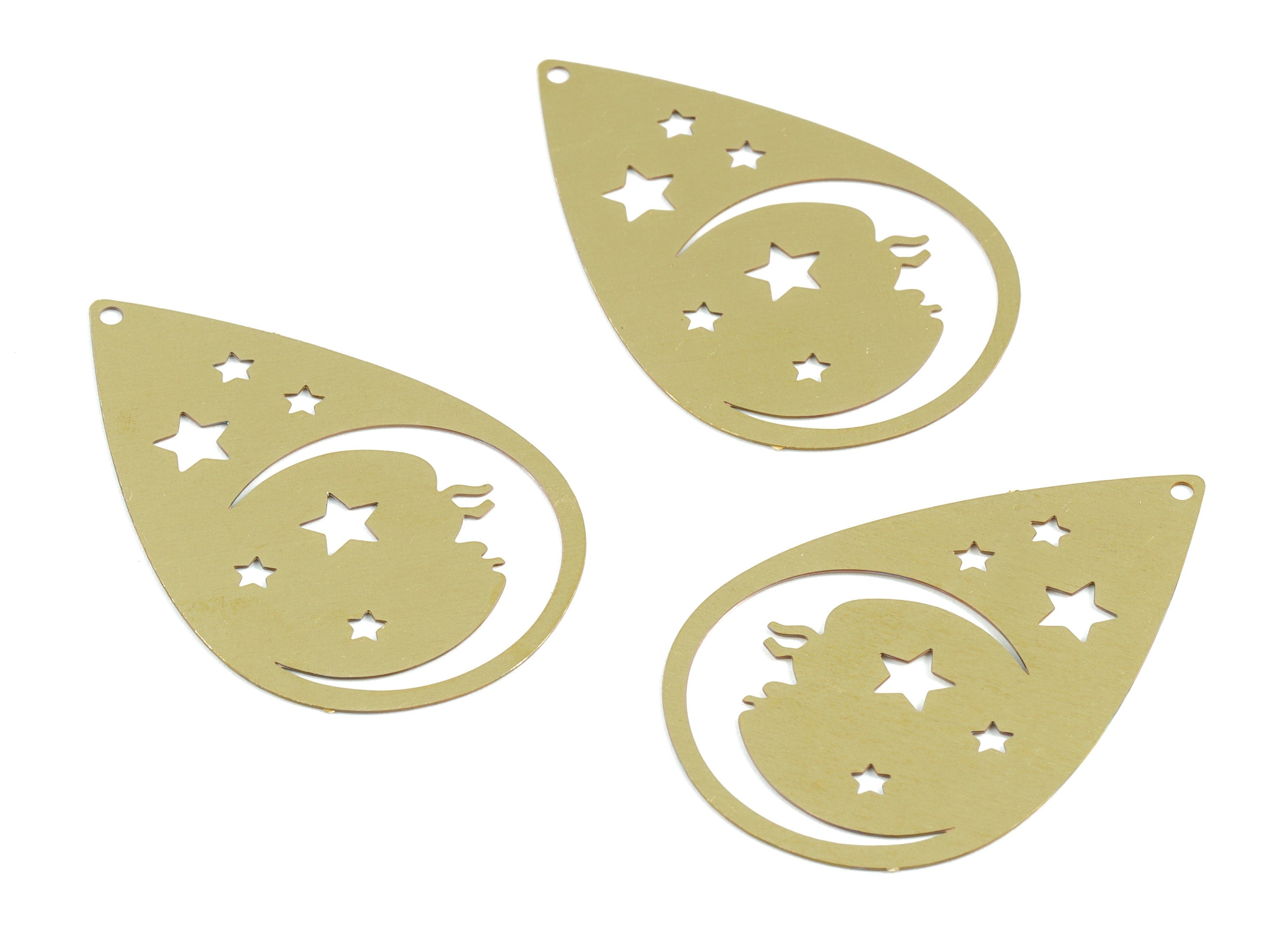 Brass Crescent Face Stars Earring Charms - Raw Brass Drop Stars Moon Pendant - Jewelry Supplies - 37.98x24.37x0.3mm - JJB6297 - DOMEDBAZAAR