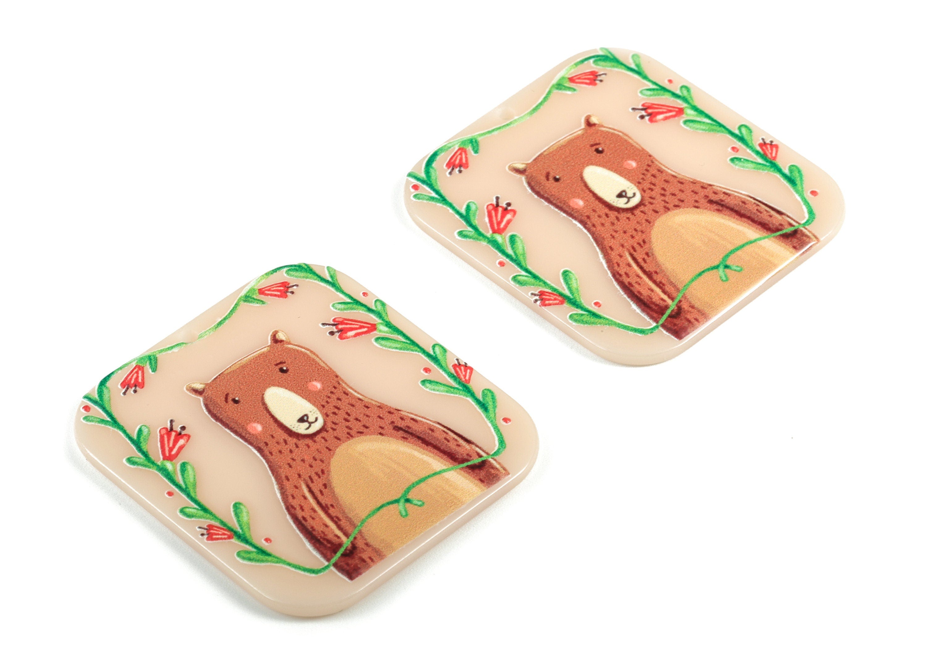 Acrylic Bear Earring Charms - Acrylic Square Bear Pandant - Earring Findings - Jewelry Supplies - 39.78x37.56x1.78mm - AC1989 - DOMEDBAZAAR