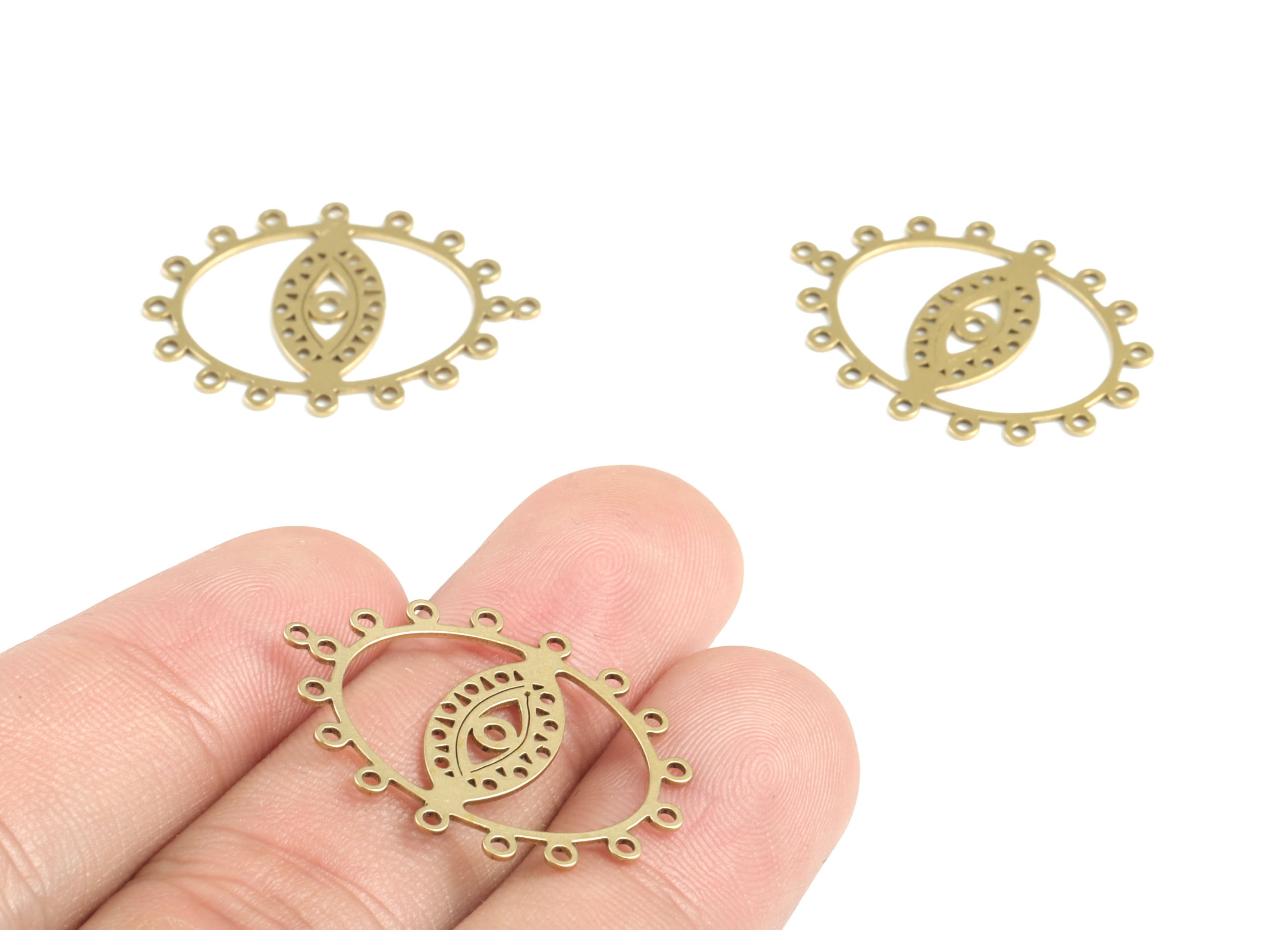 Brass Eye Earring Connector - Raw Brass Eyelash Earring Charms and Pendant - 17 Holes - Jewelry Supplies - 29.26x21.38x0.64mm - PPM3262 - DOMEDBAZAAR