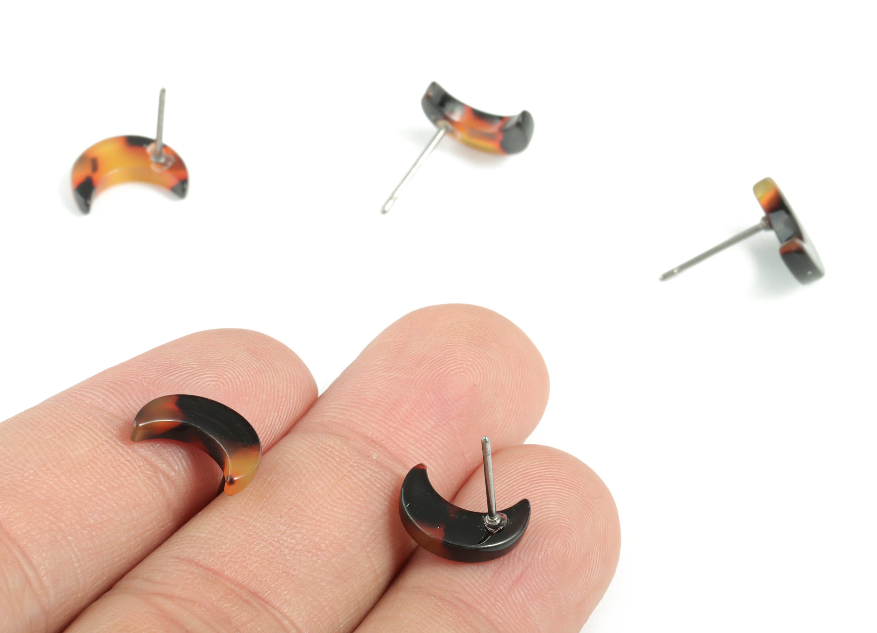 Acetate Acrylic Earring Stud - Moon Post - Tortoise Shell Earring - No Hole - Jewelry Supplies - Color Code: A02 - 11.7x8.6x2.7mm-AC1137C-O - DOMEDBAZAAR