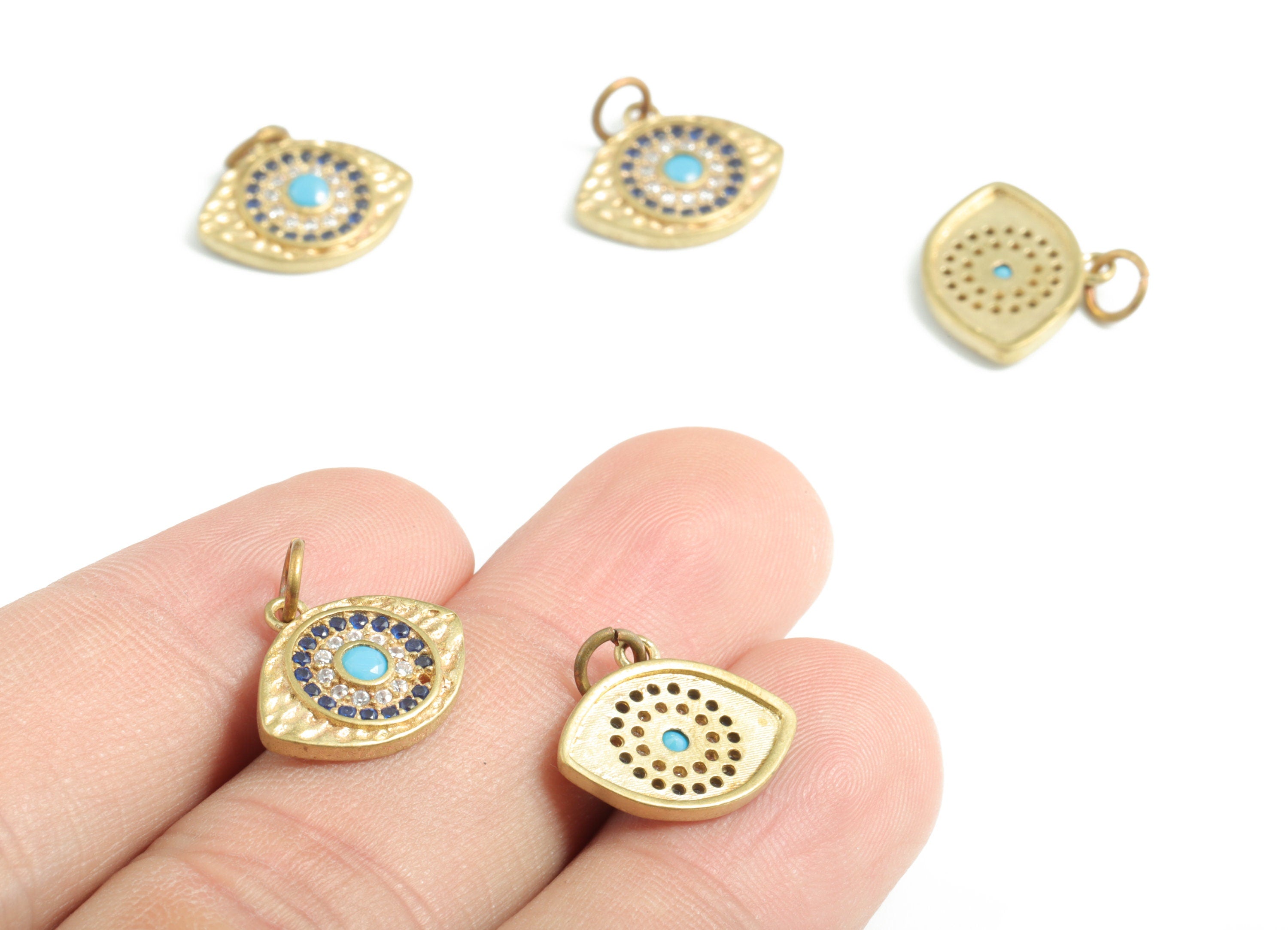 Brass Eye Earring Charms - Raw Brass Eye Blue Zircon Pendant - Earrings Finding - Jewelry Supplies - 16.14x15.37x2.21mm - PP3593 - DOMEDBAZAAR