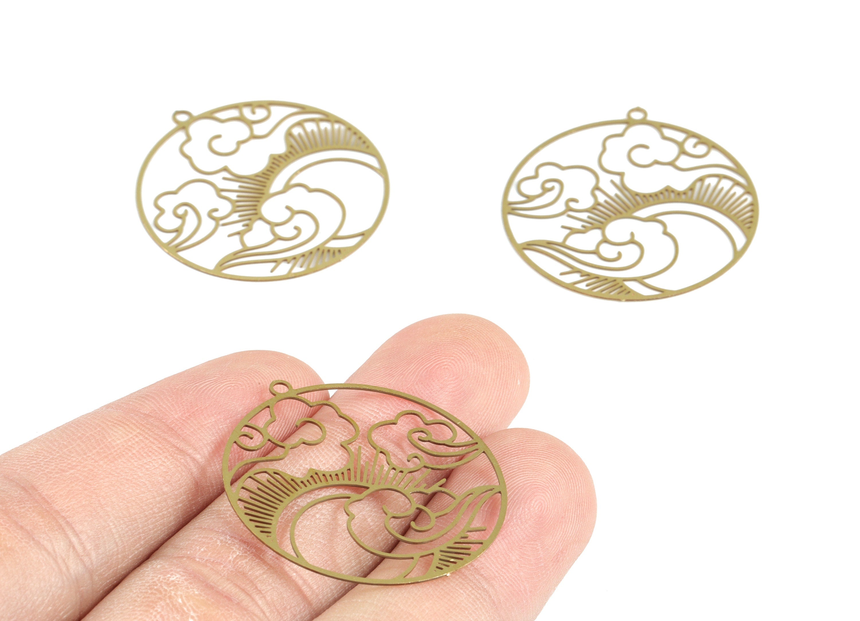 Brass Cloud Sun Earring Charms - Raw Brass Sun Clouds Round Pendant - Earring Findings - Jewelry Supplies - 32.08x29.85x0.29mm - JJB6289 - DOMEDBAZAAR