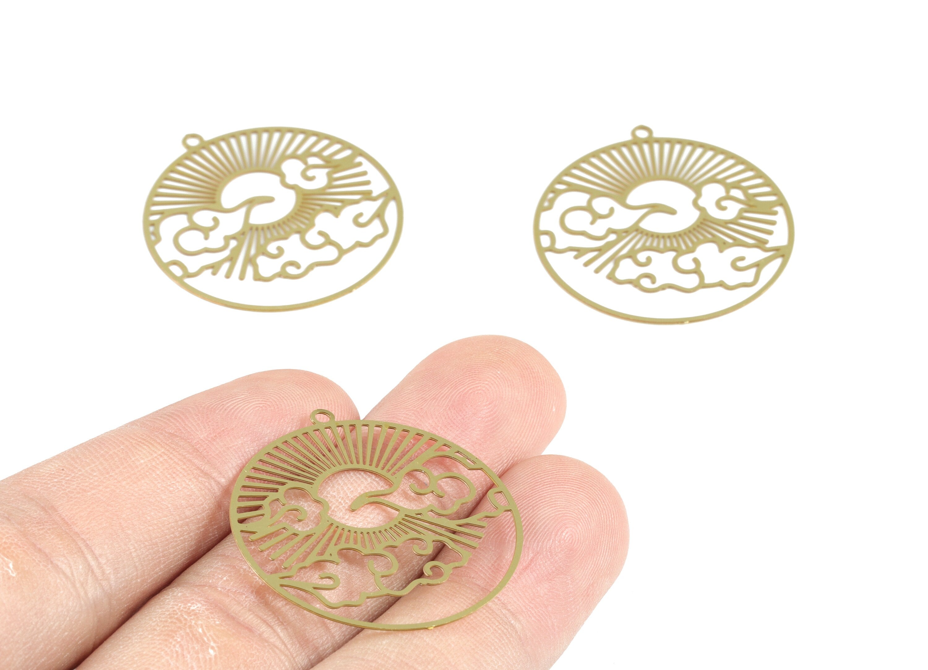 Brass Cloud Sun Circle Earring Charms - Raw Brass Sun Clouds Round Pendant - Earring Findings - Jewelry Supplies - 32.3x29.9x0.3mm - JJB6278 - DOMEDBAZAAR