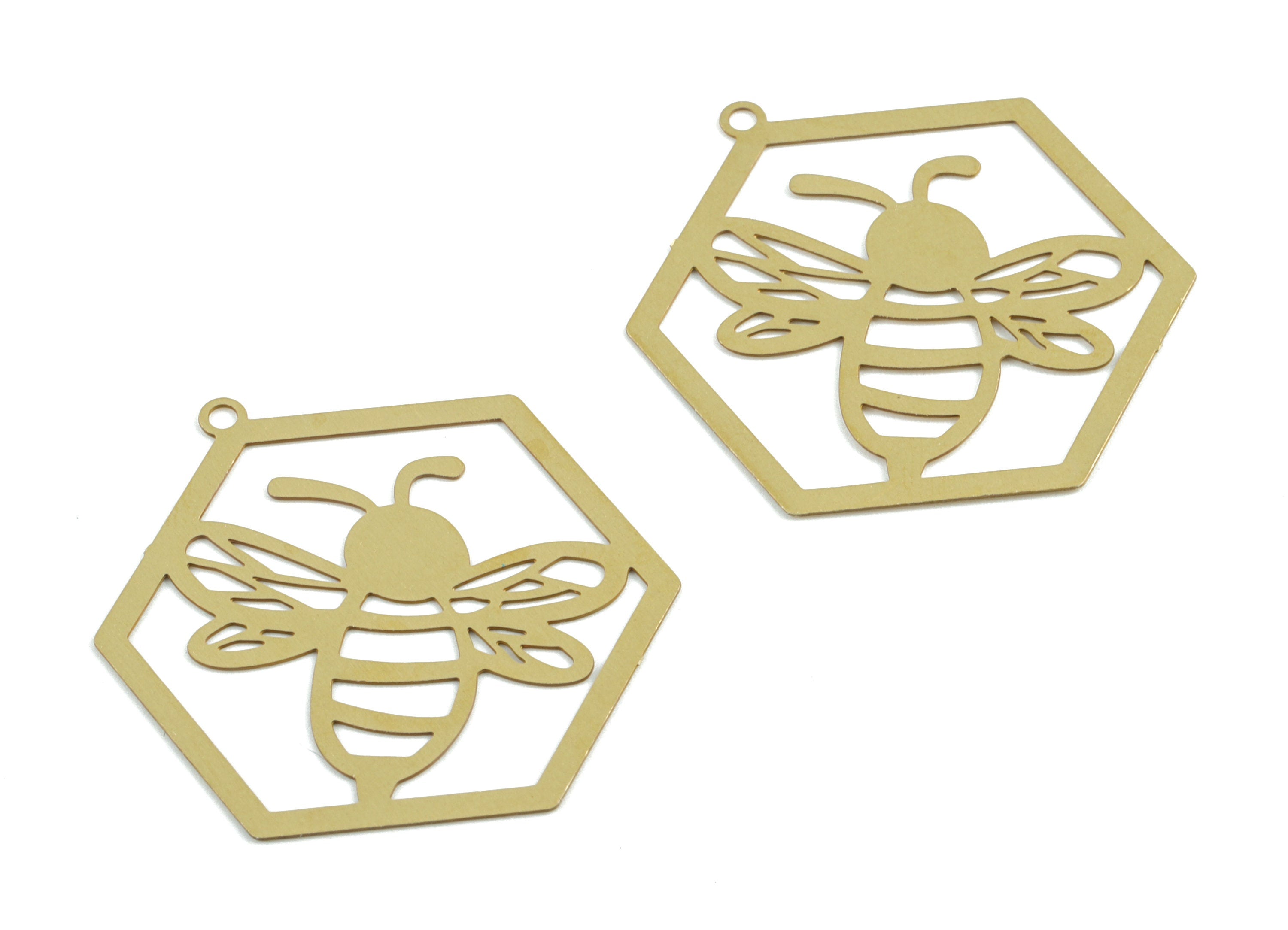 Brass Bee Hexagon Earring Charms - Raw Brass Bee Hexagon Pendant - Earring Findings - Jewelry Supplies - 29.82x25.38x0.3mm - JJB6298 - DOMEDBAZAAR