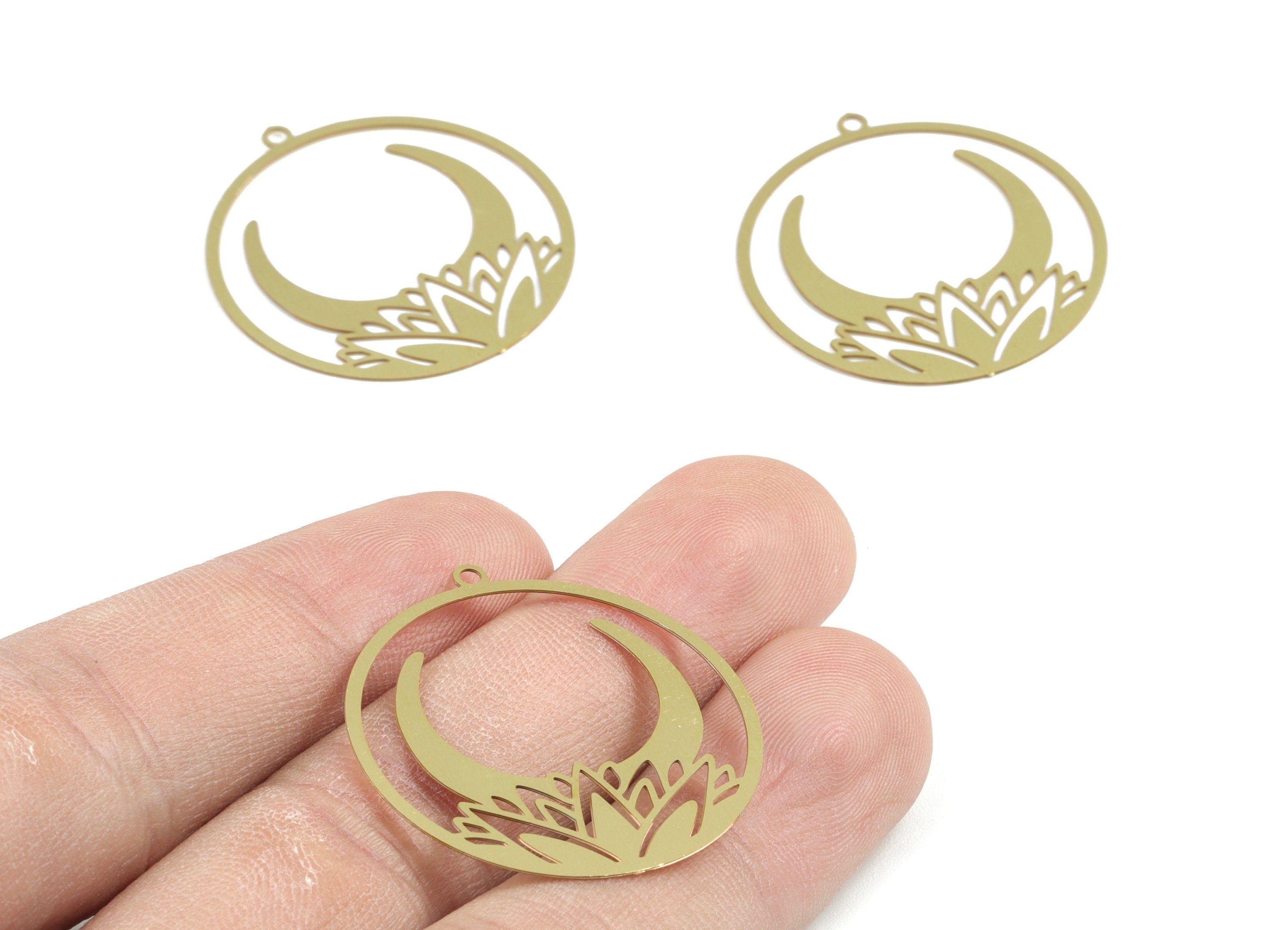 Brass Crescent Round Earring Charms - Raw Brass Moon Flower Circle Pendant - Jewelry Supplies - 32.28x29.85x0.3mm - JJB6274 - DOMEDBAZAAR