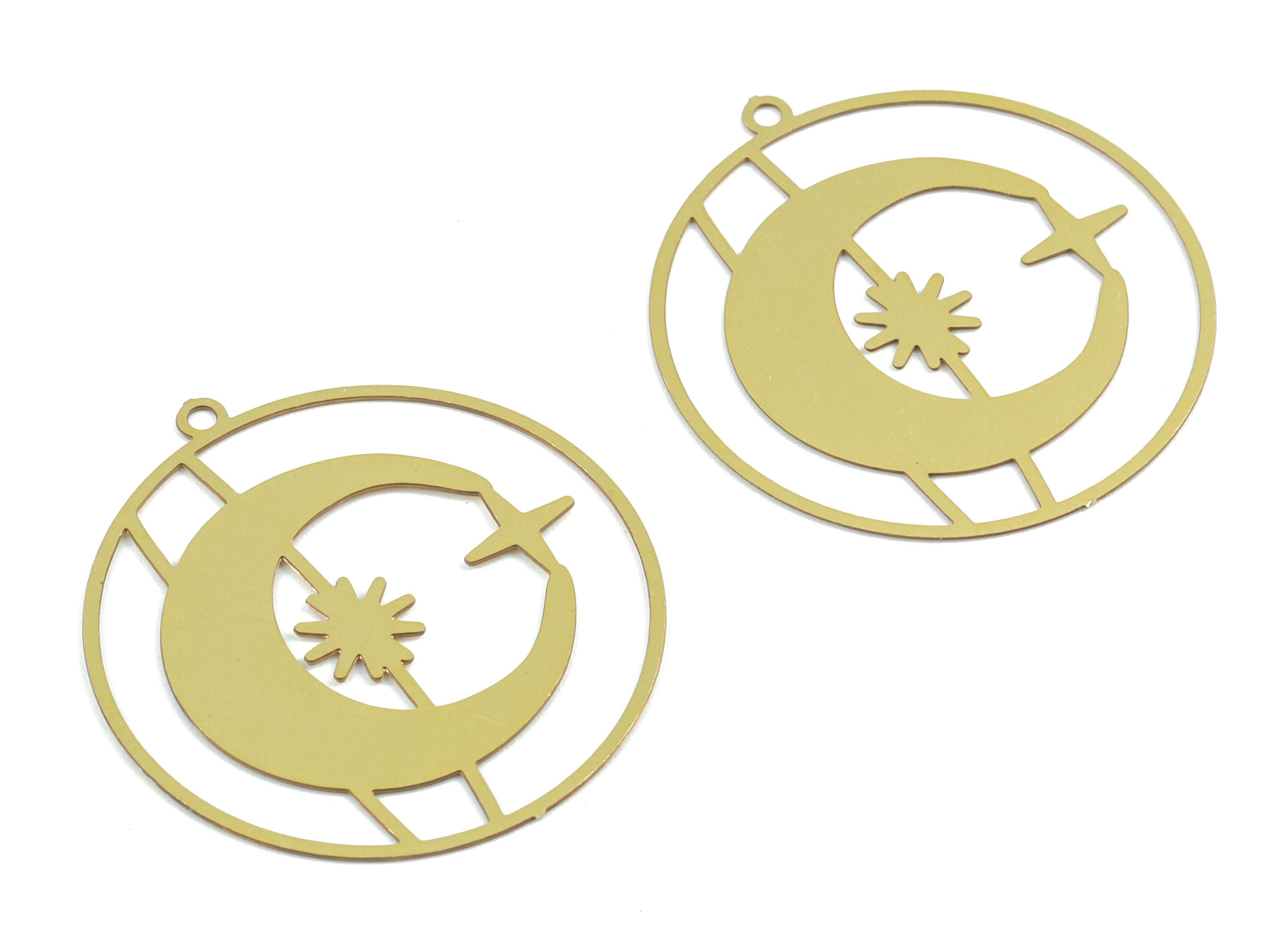 Brass Star Crescent Earring Charms - Raw Brass Circle Star Moon Pendant - Earring Findings - Jewelry Supplies - 31.11x27.92x0.3mm - JJB6295 - DOMEDBAZAAR