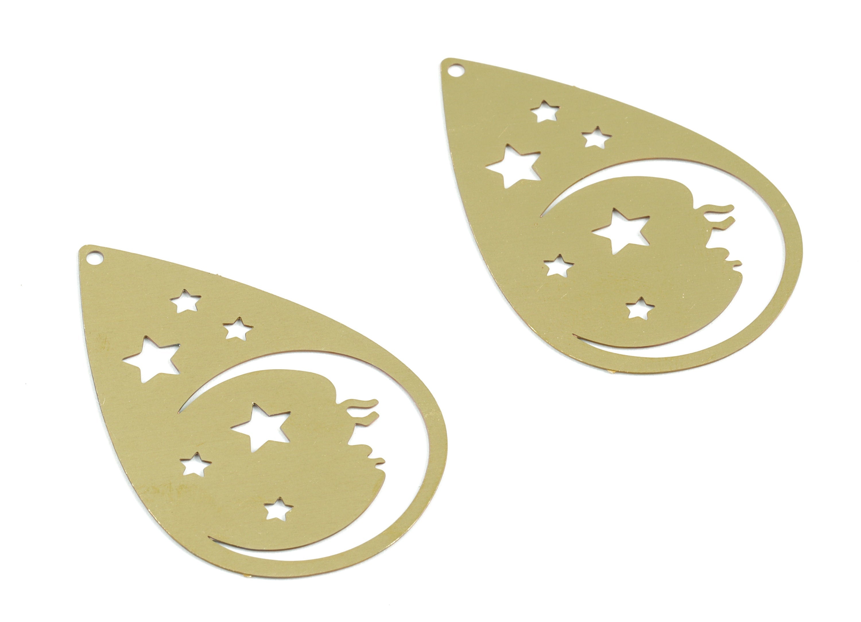 Brass Crescent Face Stars Earring Charms - Raw Brass Drop Stars Moon Pendant - Jewelry Supplies - 37.98x24.37x0.3mm - JJB6297 - DOMEDBAZAAR
