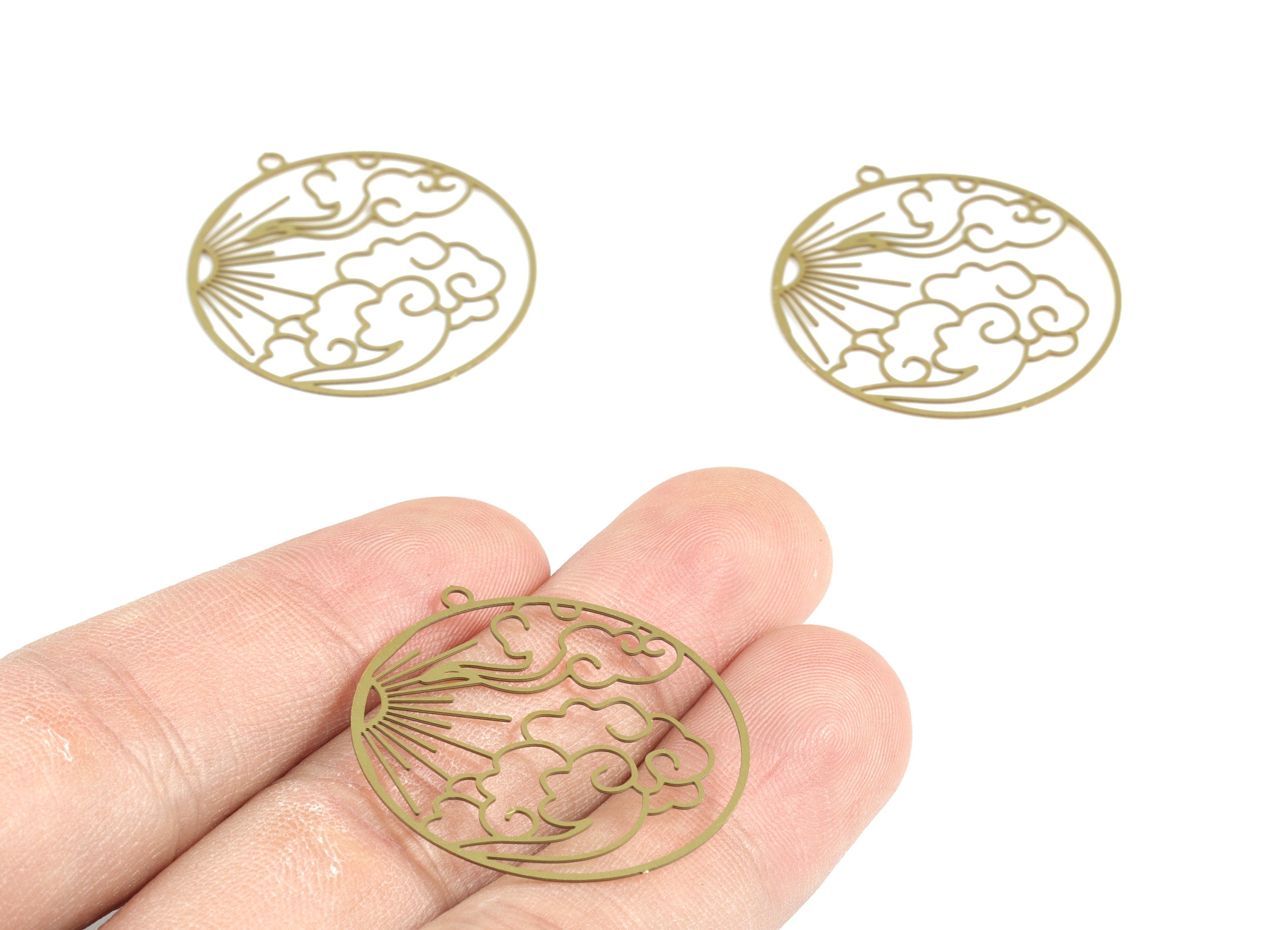 Brass Cloud Sun Circle Earring Charms - Raw Brass Sun Clouds Round Pendant - Earring Findings - Jewelry Supplies - 32.1x29.6x0.3mm - JJB6285 - DOMEDBAZAAR