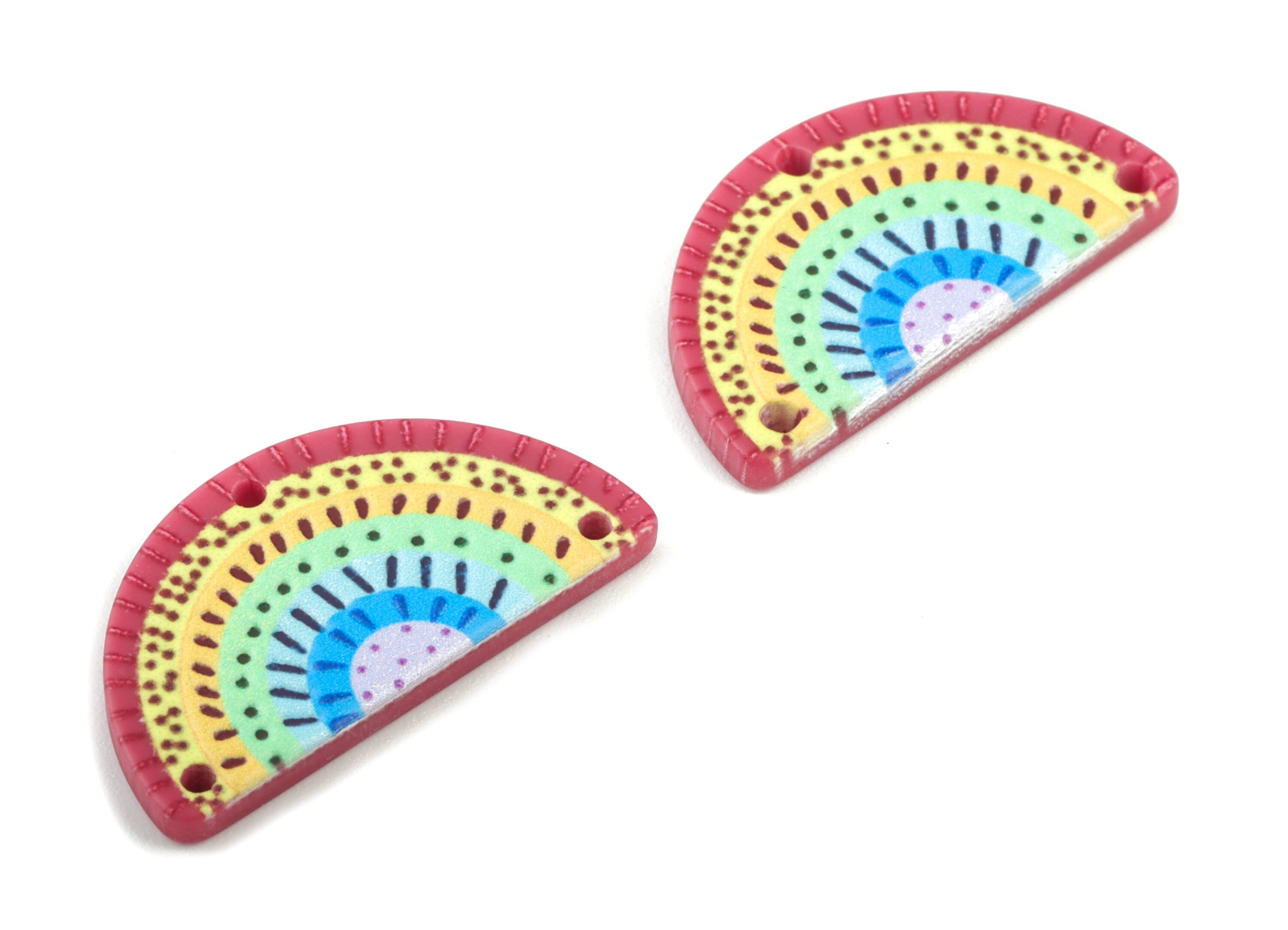 Acrylic Semi Circle Rainbow Earring Connector - 3 Holes - Half Moon Connector For Earring and Necklace - 28.04x14.81x2.66mm - AC2037 - DOMEDBAZAAR