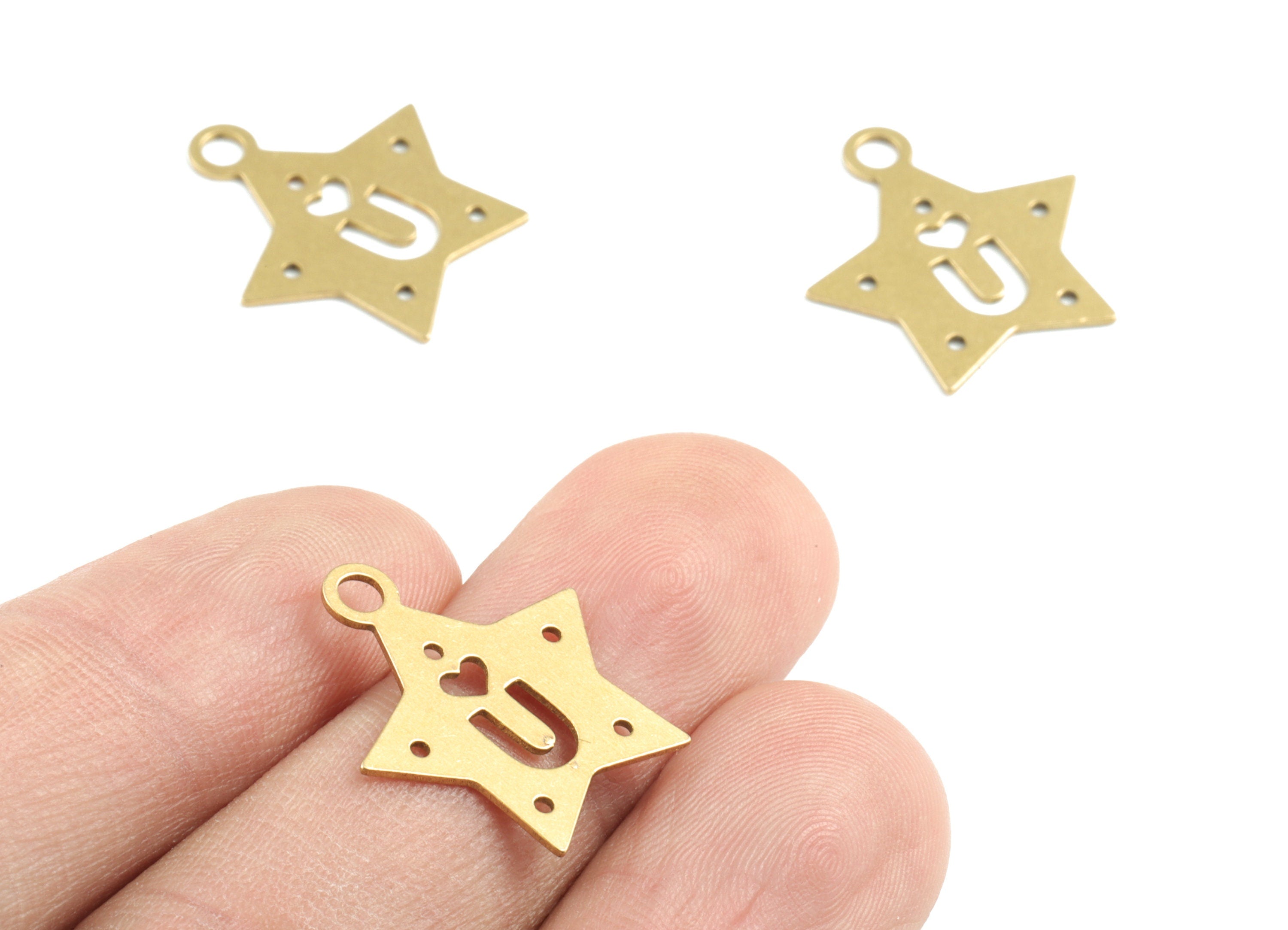 Brass Star Heart Earring Charms - Raw Brass U letter Star Pendant - Earrings Finding - Jewelry Supplies - 20.26x18.52x0.59mm - PPM3195 - DOMEDBAZAAR