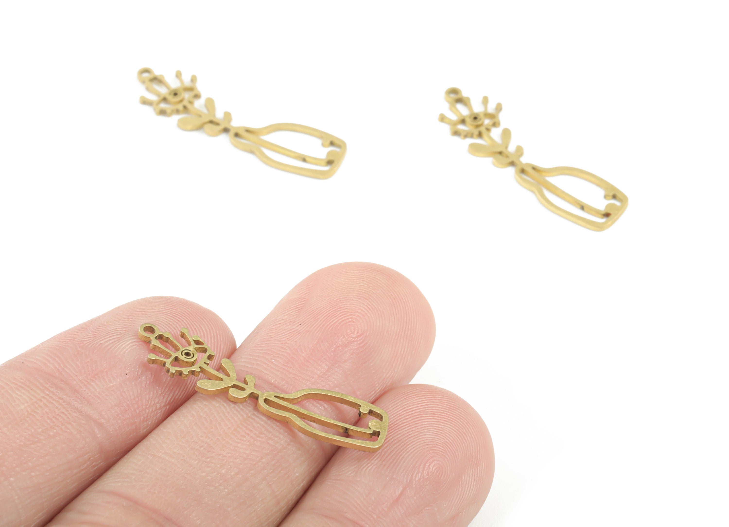 Brass Flower Earring Charms - Raw Brass Flower Pot Pendant - Earrings Finding - Jewelry Supplies - 28.52x7.83x0.85mm - PPM3274 - DOMEDBAZAAR