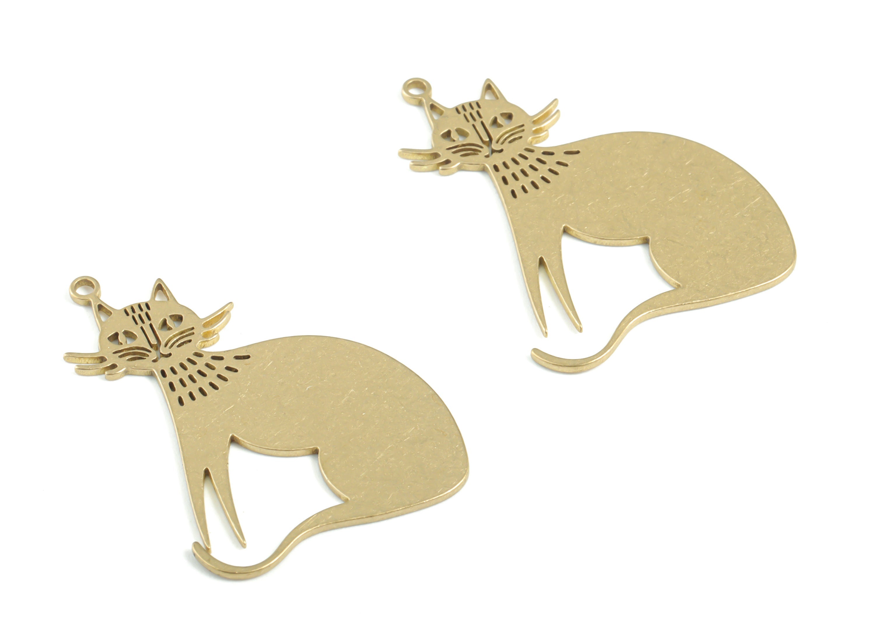 Brass Cat Earring Charms - Raw Brass Cat Pendant - Earrings Finding - Jewelry Supplies - 33.86x22.79x0.79mm - PPM3387 - DOMEDBAZAAR