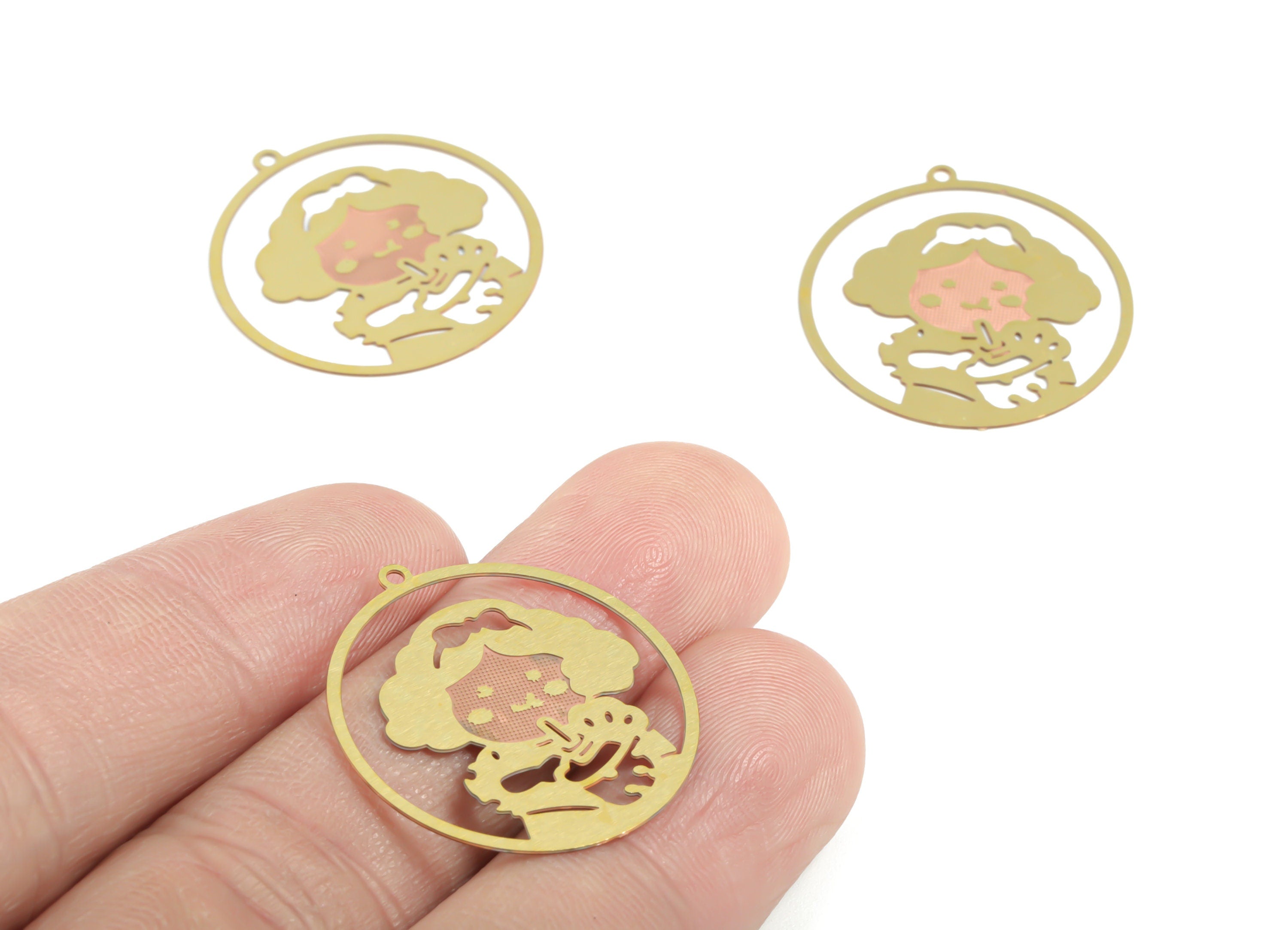 Brass Girl Round Earring Charms - Raw Brass Woman Round Pendant - Earring Findings - Jewelry Supplies - 26.59x24.83x0.29mm - JJB6403 - DOMEDBAZAAR