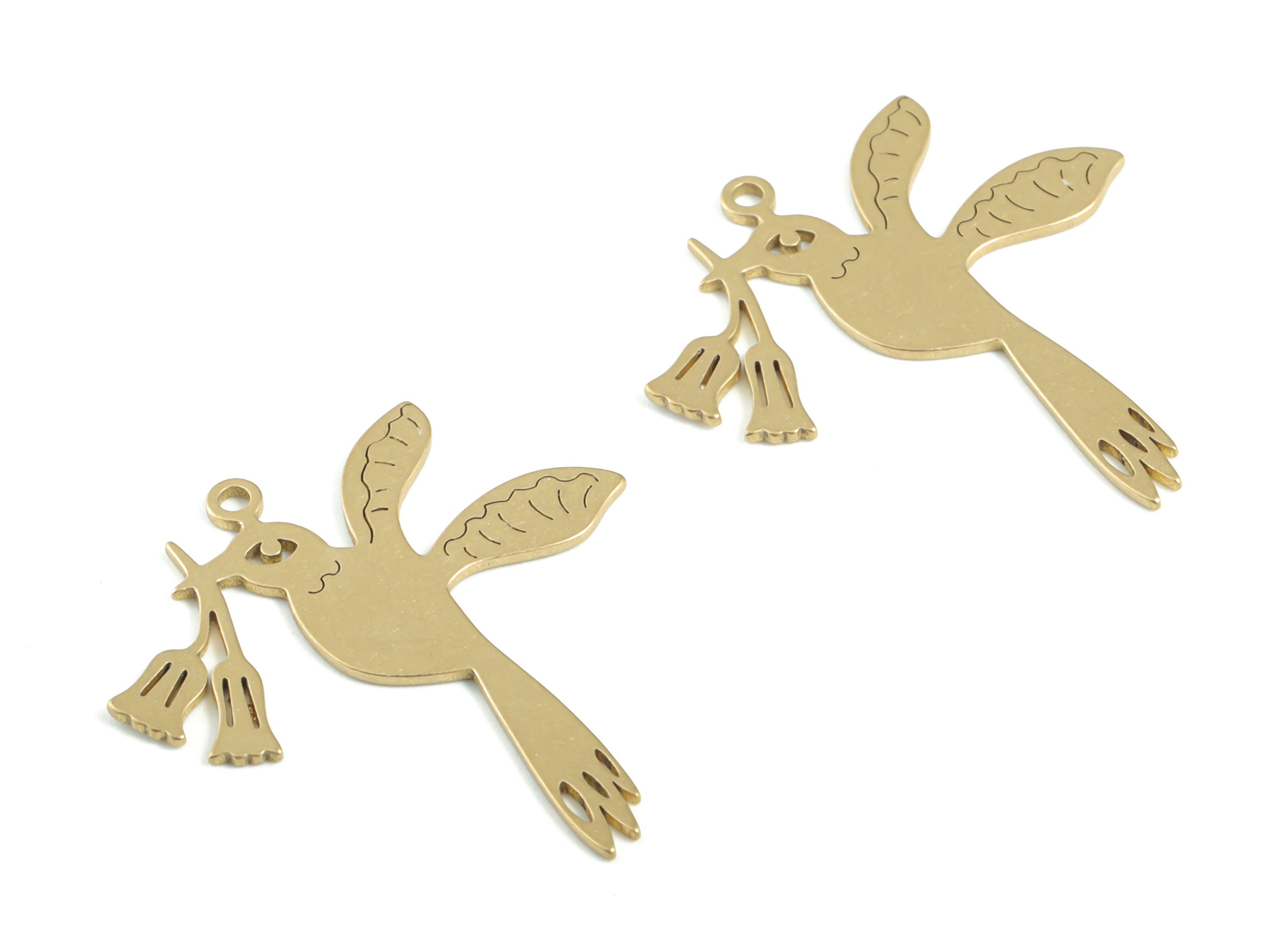 Brass Bird Roses Earring Charms - Raw Brass Flying Bird Flower Pendant - Earring Findings - Jewelry Supplies - 31.45x29.97x0.8mm - PPM3329 - DOMEDBAZAAR
