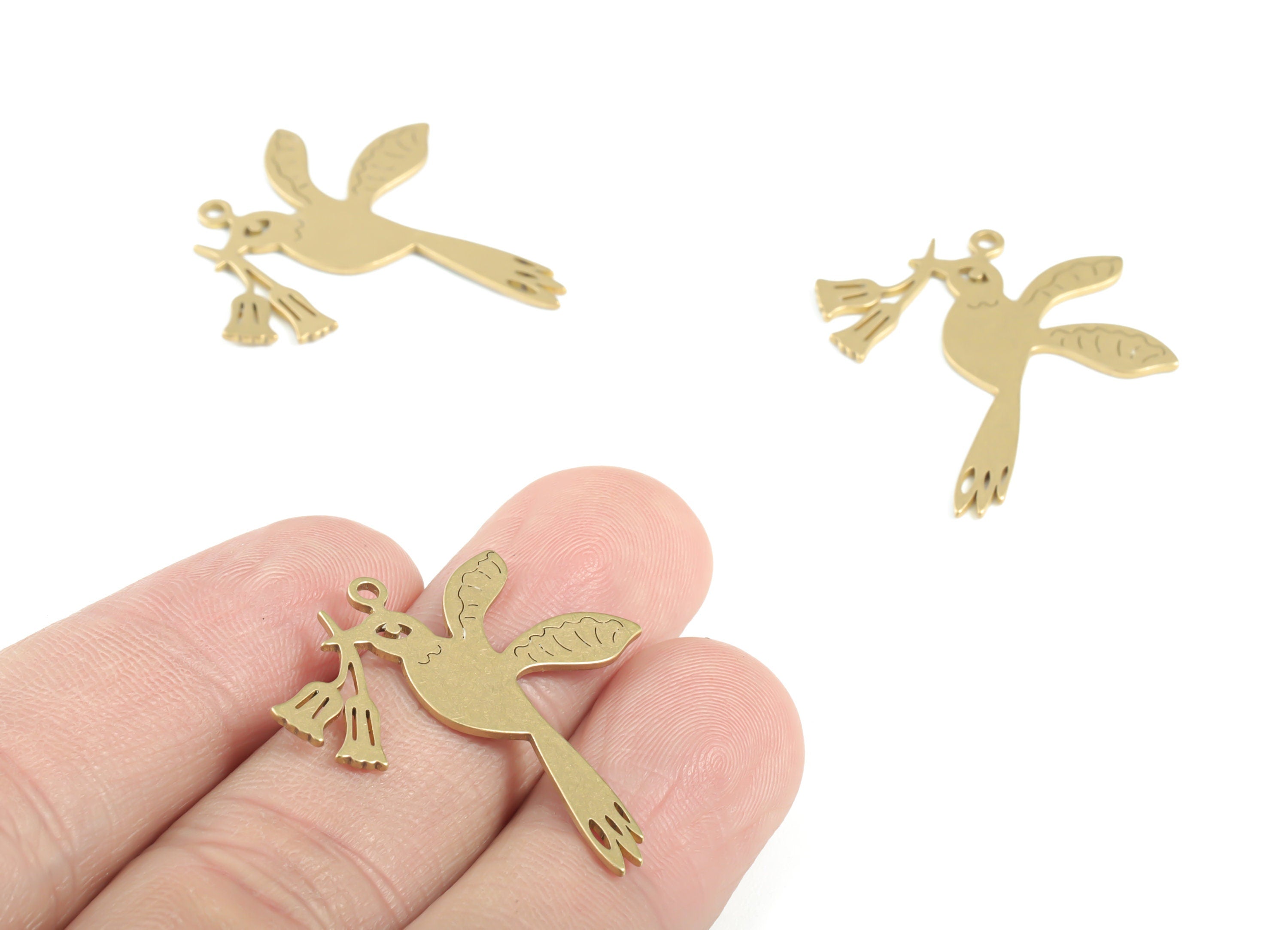 Brass Bird Roses Earring Charms - Raw Brass Flying Bird Flower Pendant - Earring Findings - Jewelry Supplies - 31.45x29.97x0.8mm - PPM3329 - DOMEDBAZAAR