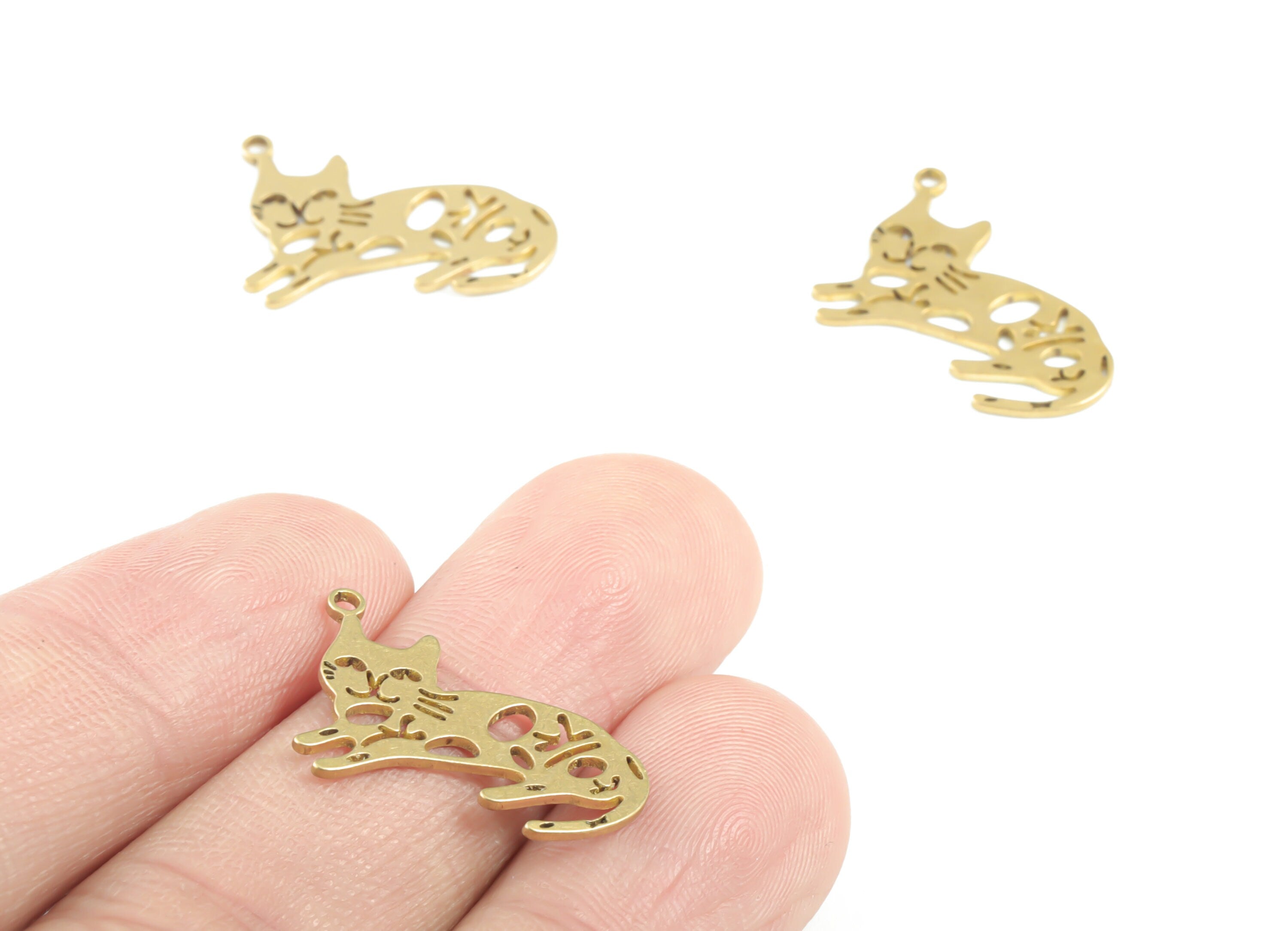 Brass Cat Earring Charms - Raw Brass Cat Pendant - Earrings Finding - Jewelry Supplies - 23.17x14.28x0.78mm - PPM3369 - DOMEDBAZAAR