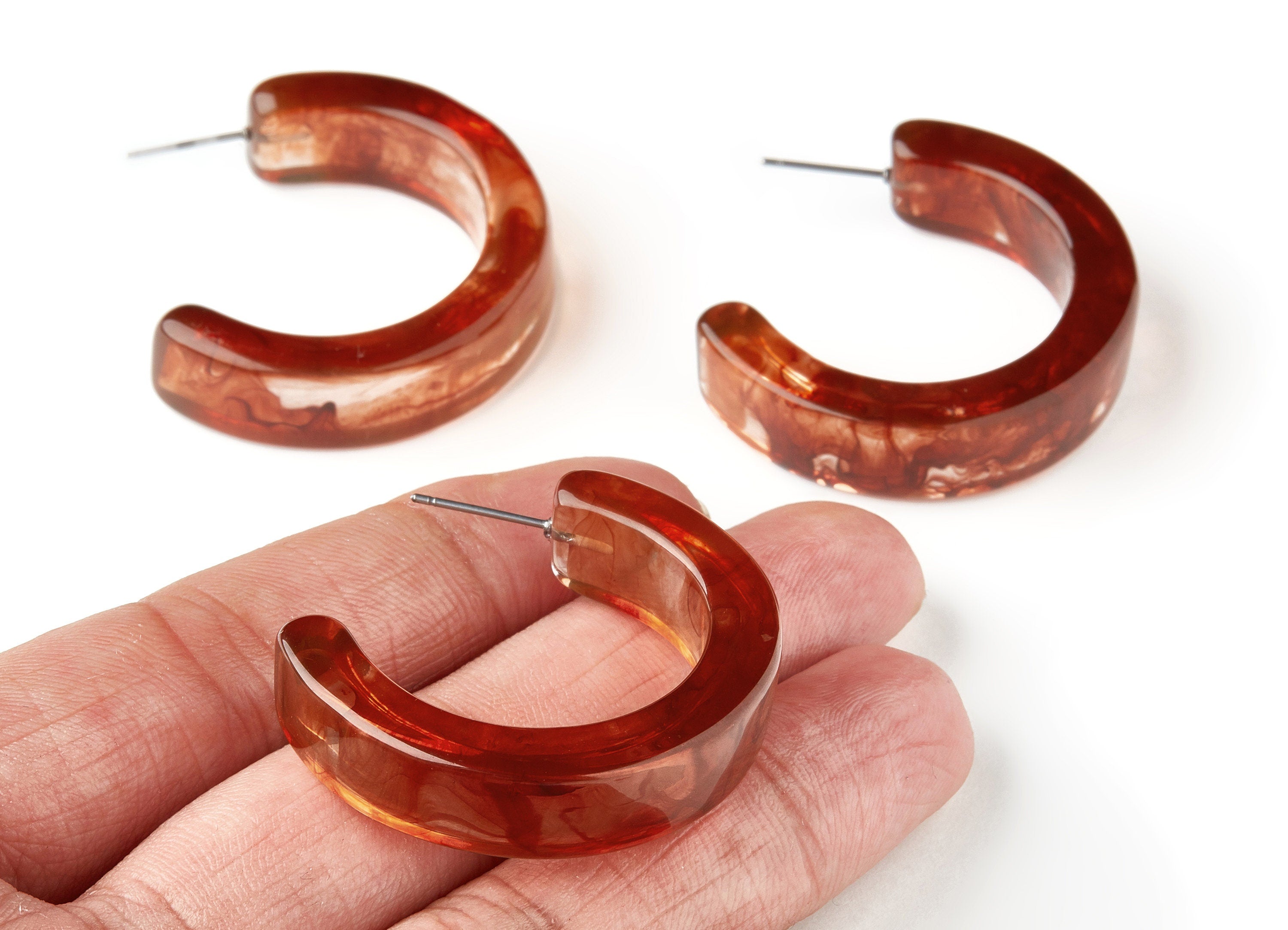 Open Hoop Earrings Stud - 1.55 inch Hoop Earring - Brown Acetate Round Earring Post - Open Circle - 39.6mm x 31.3mm x 6.07mm - AC1583A - DOMEDBAZAAR