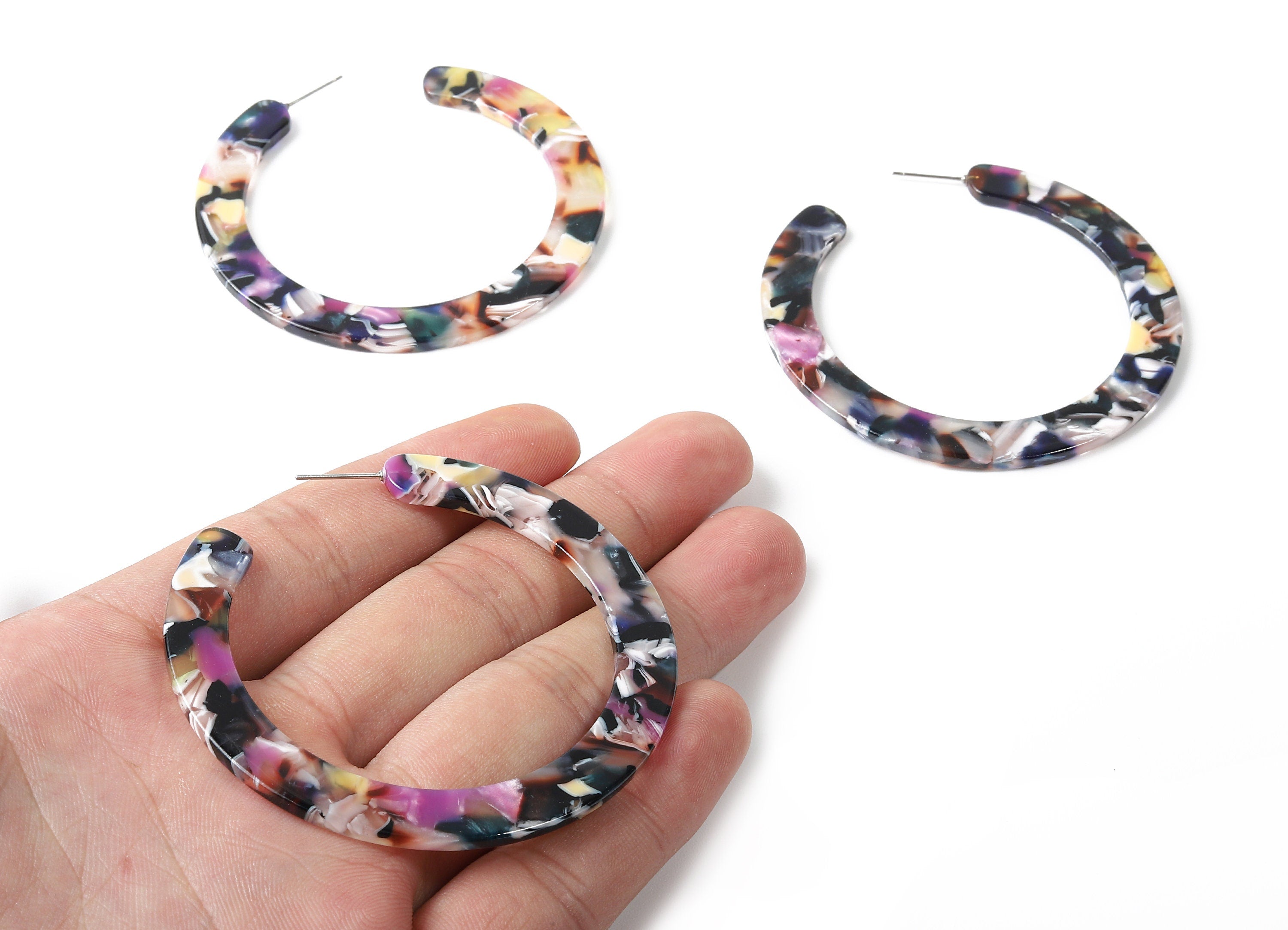 Open Hoop Earrings Stud - 2.5 inch Hoop Earring - Rainbow Acetate Round Earring Post Open Circle - Color Code: A11 - 63.5x2.5mm - AC1572-A11 - DOMEDBAZAAR