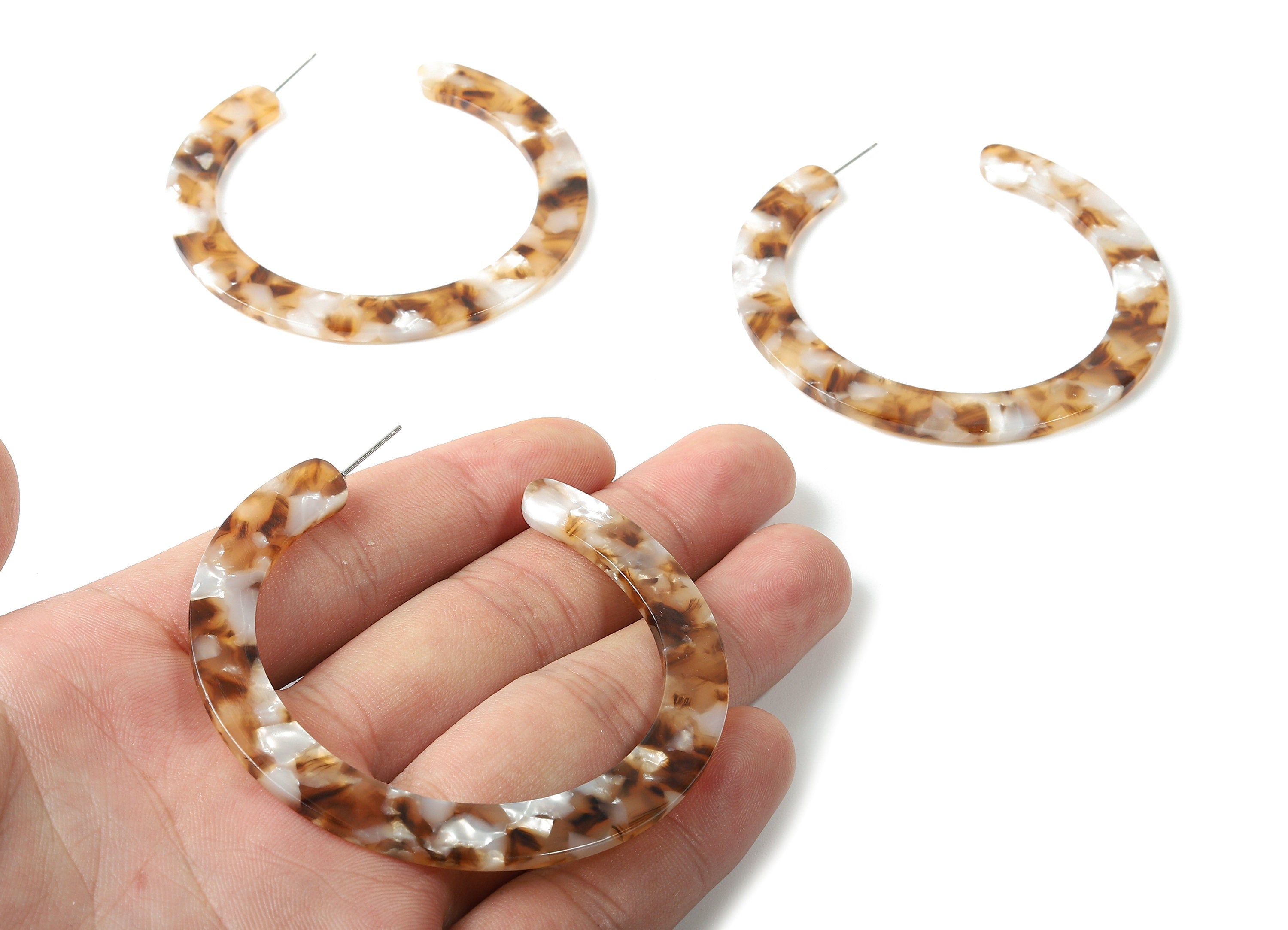 Open Hoop Earrings Stud - 2.5 inch Hoop Earring - Brown Ivory Acetate Round Earring Post - Color Code : A351 - 63.5x2.5mm - AC1572-A351 - DOMEDBAZAAR